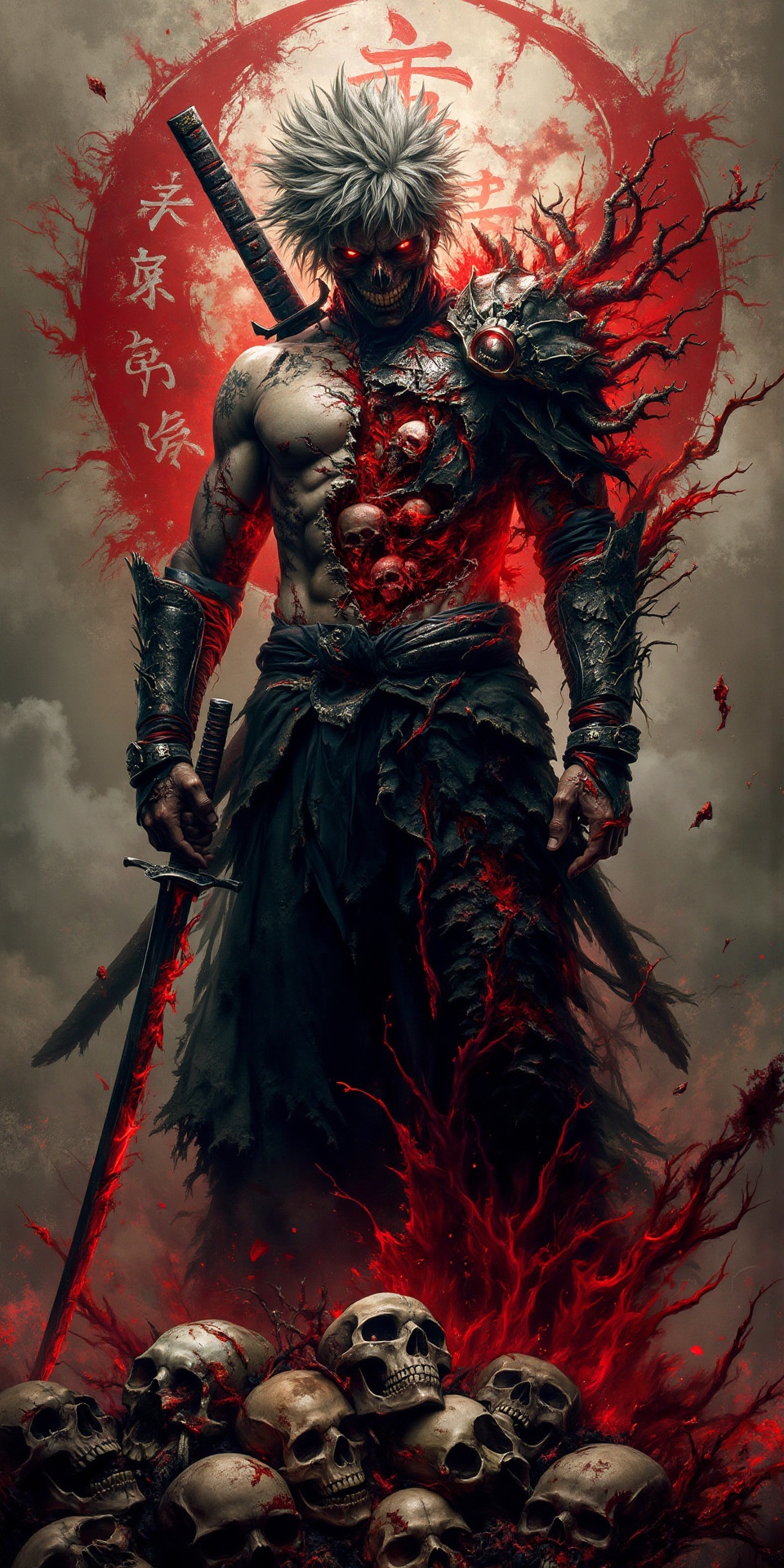 Hyperrealistic,  ultra-detailed,  close-up shot of a fierce and highly detailed humanoid samurai standing sternly atop a p...