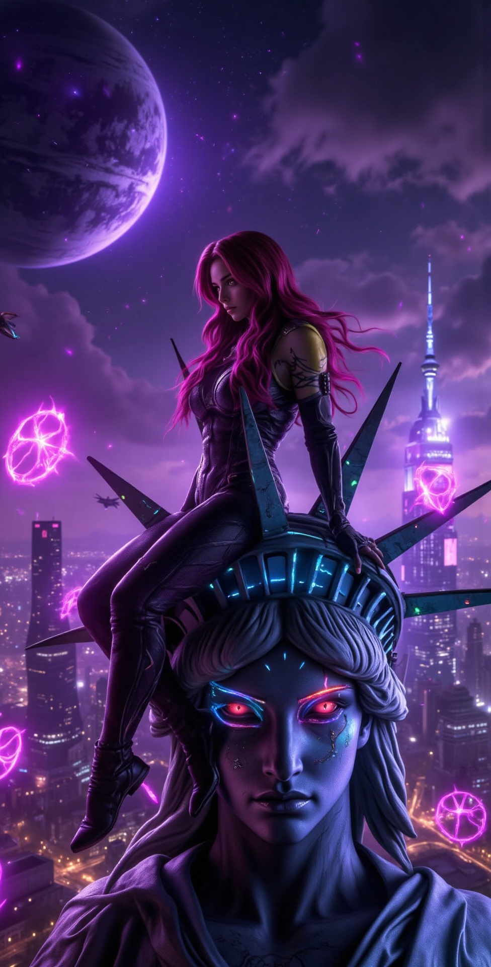 A wide shot of Makima in a futuristic,  sci-fi setting,  designed as a high-resolution wallpaper. Makima is sitting gracef...