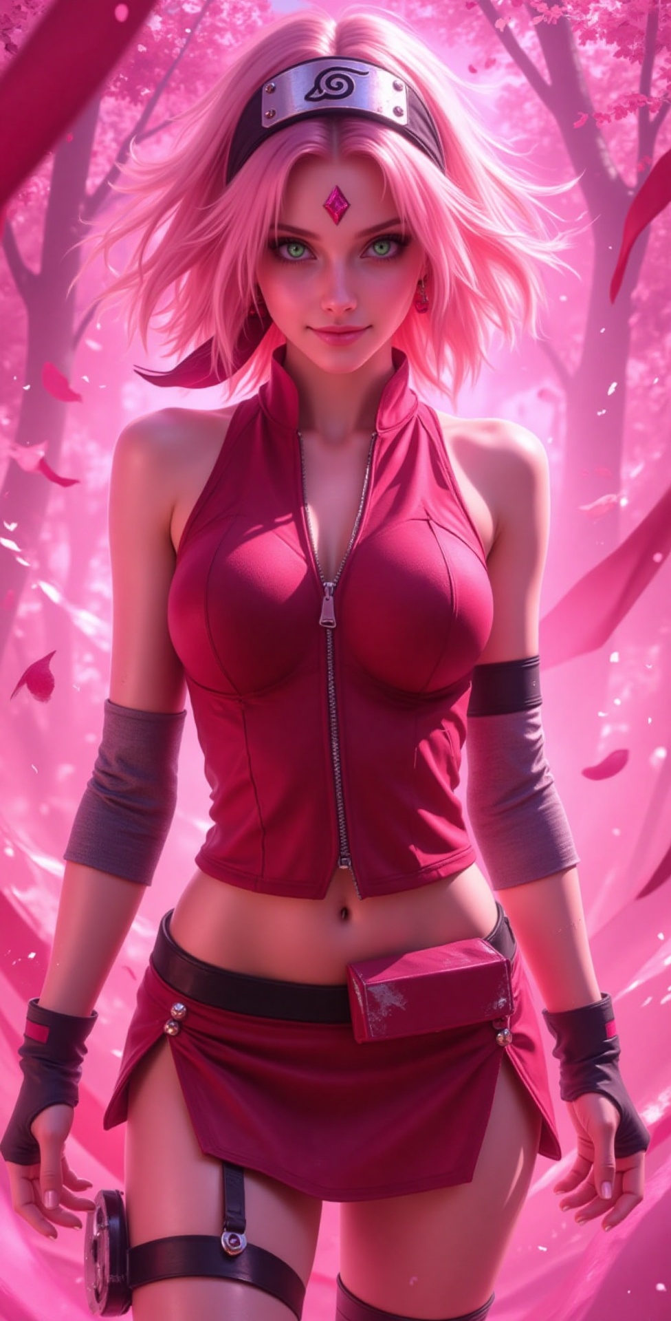 A highly detailed 3D-style anime portrait of Sakura Haruno with short pink hair and striking green eyes,  standing confide...