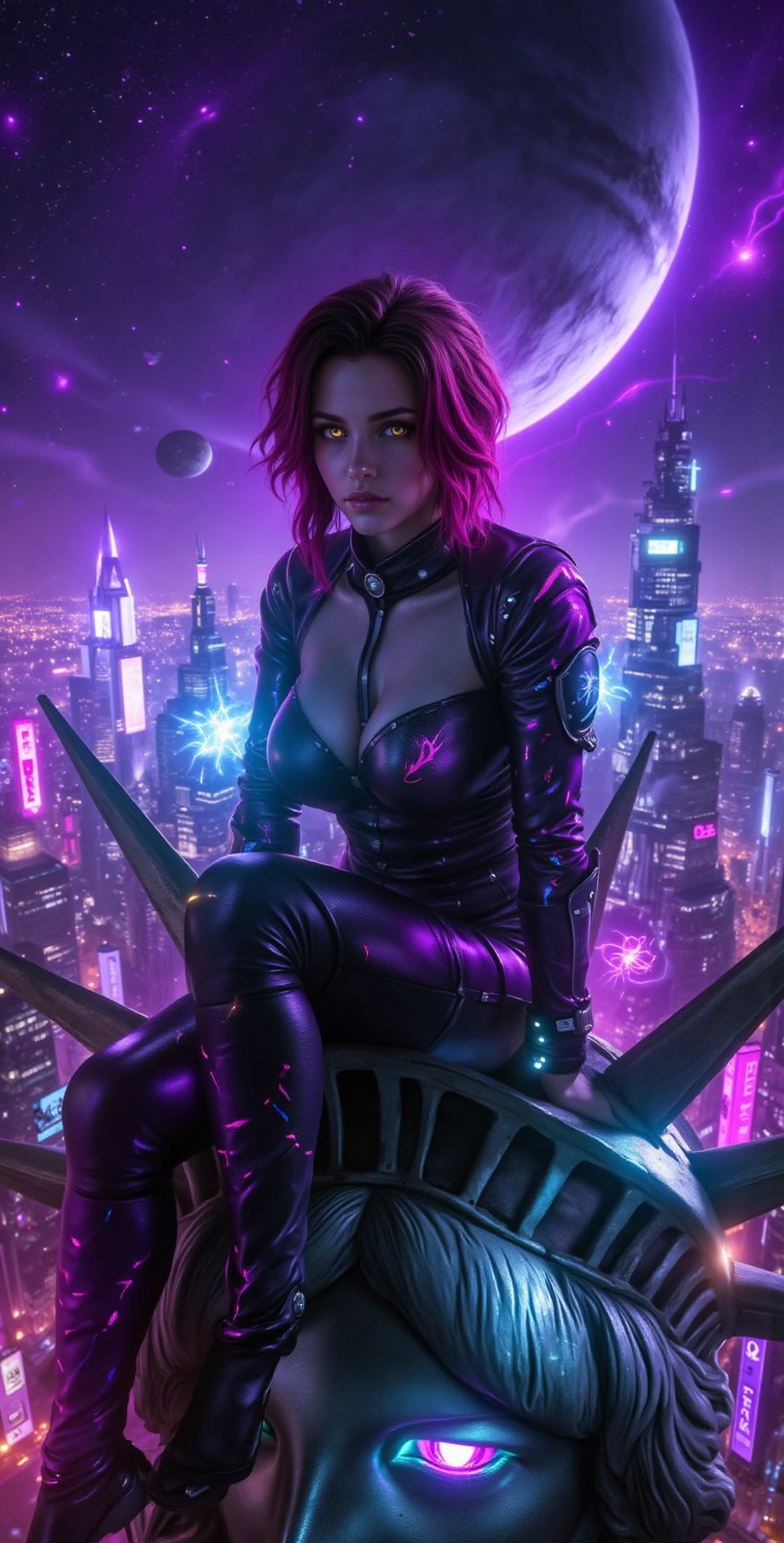 A wide shot of Makima in a futuristic,  sci-fi setting,  designed as a high-resolution wallpaper. Makima is sitting gracef...