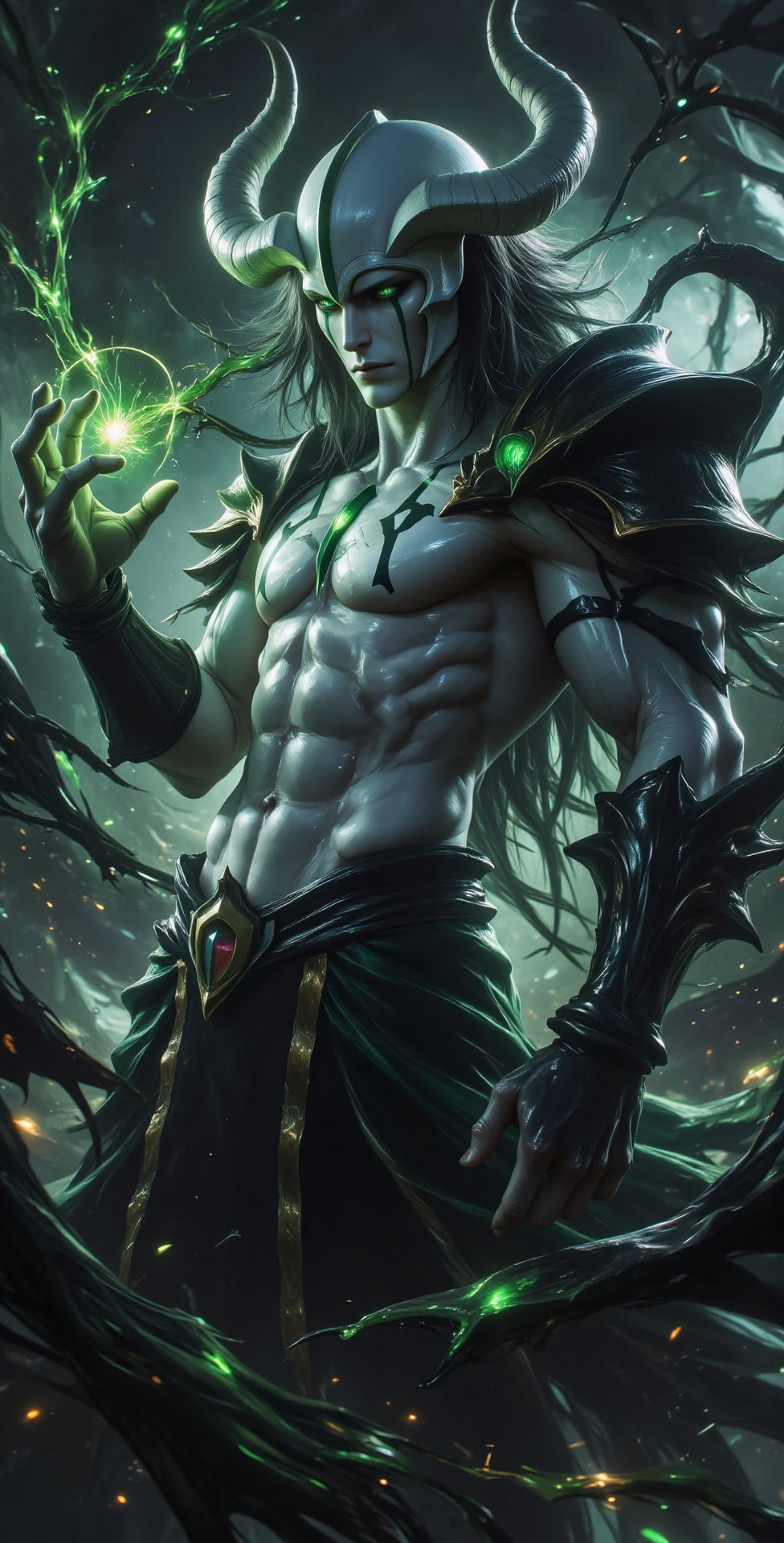 A dark,  ethereal Ulquiorra Cifer with a muscular,  pale upper body and long black hair on Tensor.Art