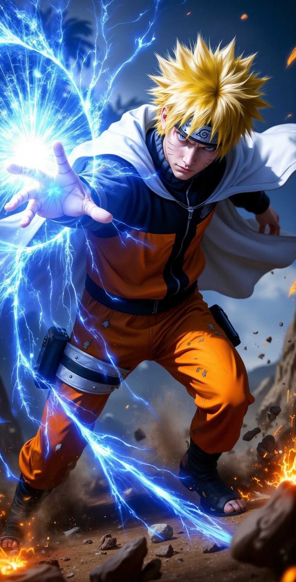 A fierce,  ultra-detailed Naruto Uzumaki in a dramatic mid-battle pose,  with his signature spiky blond hair blowing in th...