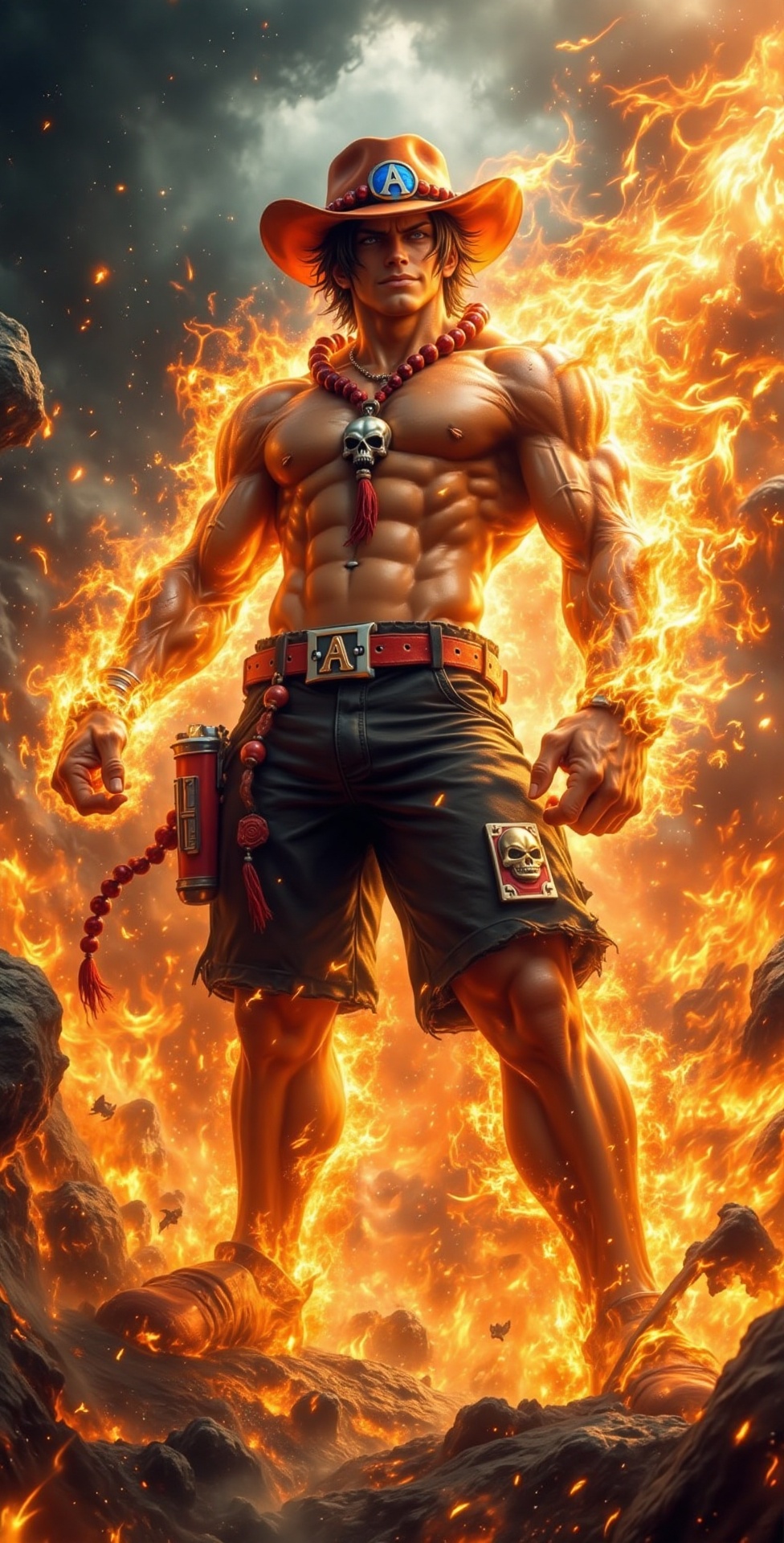 (extremely detailed 8k wallpaper),  Photorealistic with realistic details. Full body,  A powerful Portgas D. Ace stands at...