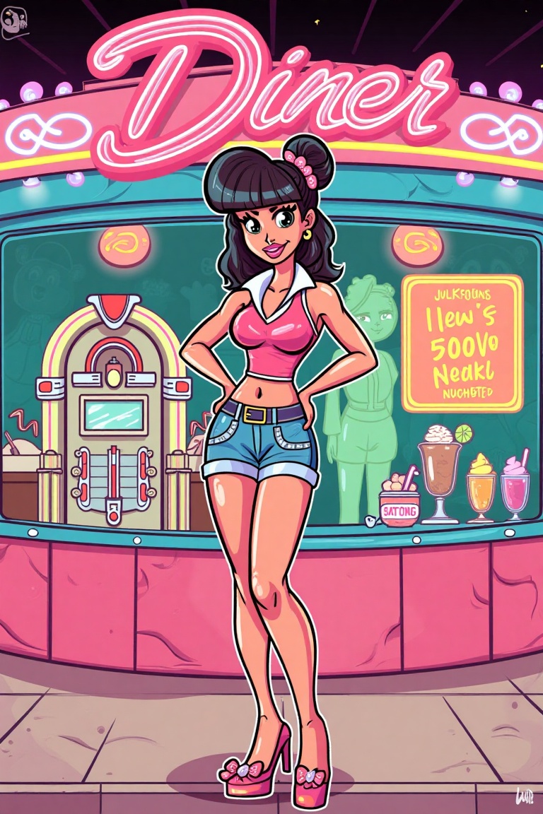 wdw,  vector_art,  doodle A retro WDW-inspired vector art doodle of a woman in a classic on Tensor.Art