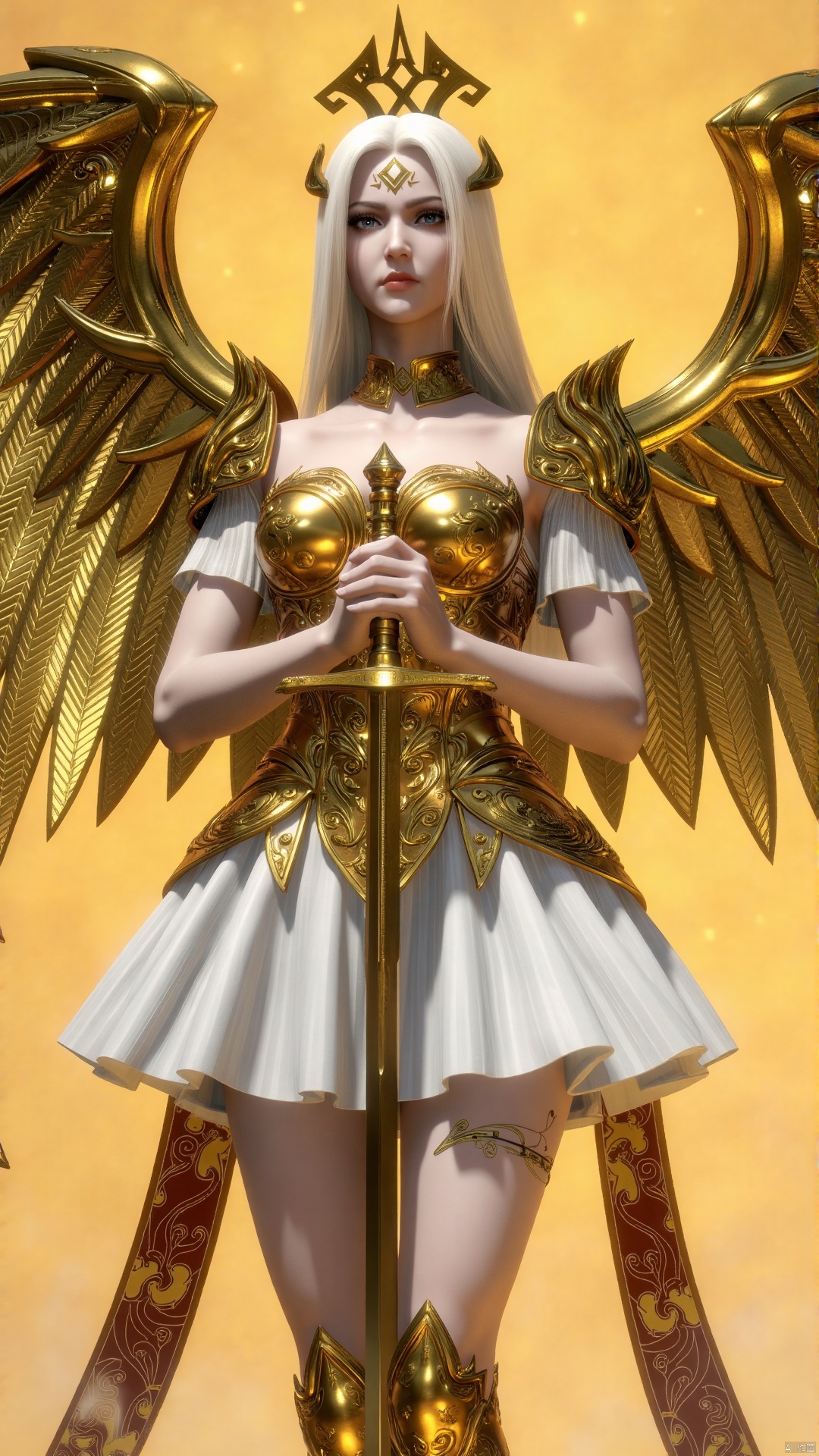 TSSW,  a medium-angle shot captures a female figure adorned with gold wings and a crown on her head. The figure is dressed...