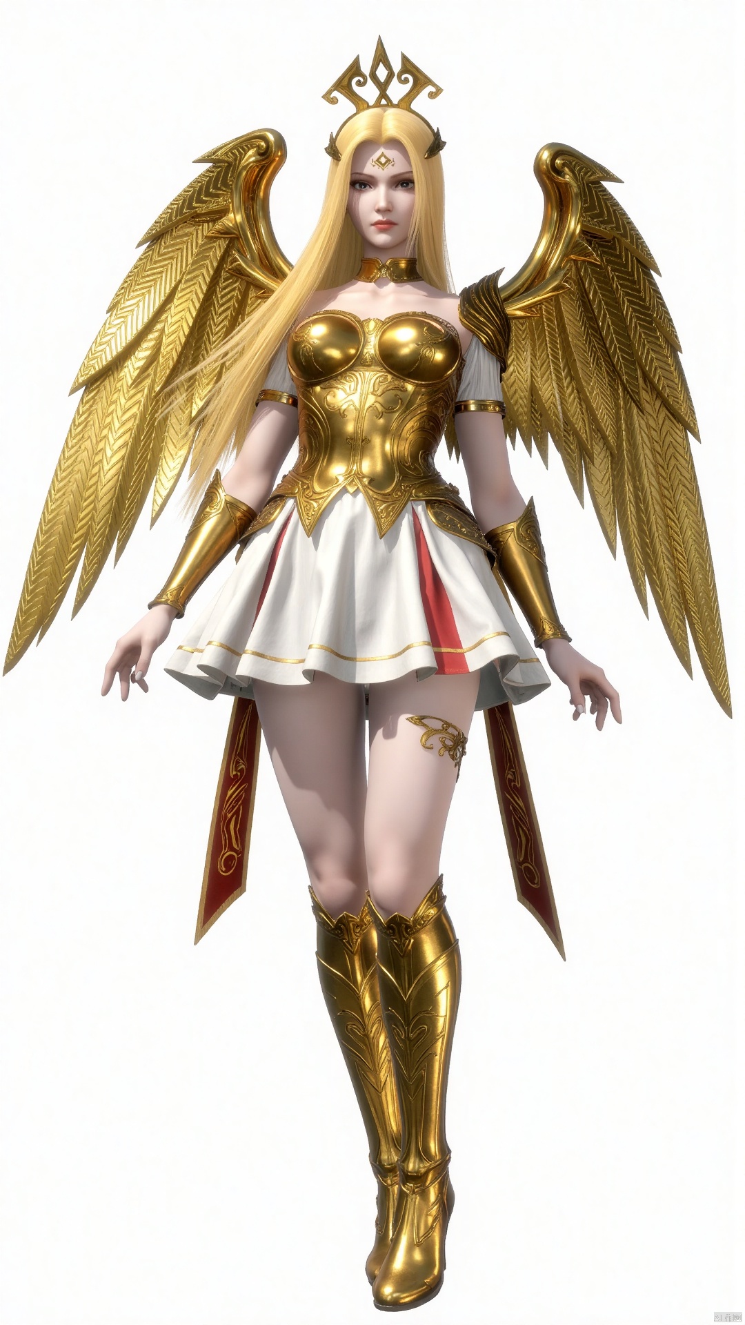 TSSW,  a medium-sized animated female angel,  adorned with golden wings and a crown on her head. She is dressed in a white...