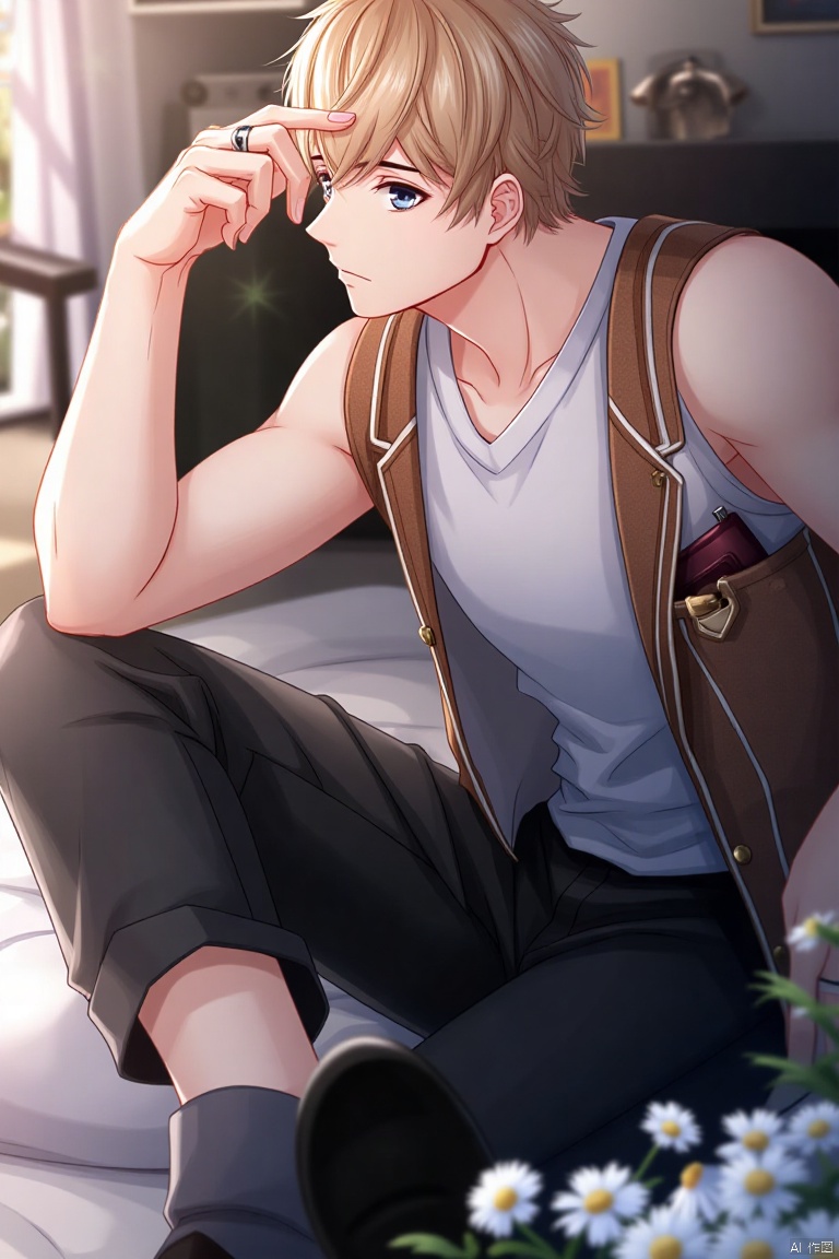An anime-style illustration of Zhouqiluo, a solo male subject, sitting with his knees up and looking directly at the viewer. He has short hair and is wearing a sleeveless shirt, black pants, and a vest over it. A white flower is placed in front of him. His eyes are focused on something outside of the frame, but his gaze is still intense and captivating. His black footwear is visible, as well as a ring on his hand. He has a breast pocket with a subtle bulge, hinting at a small object or item. The overall atmosphere is intimate and inviting, with a focus on the male subject's presence.