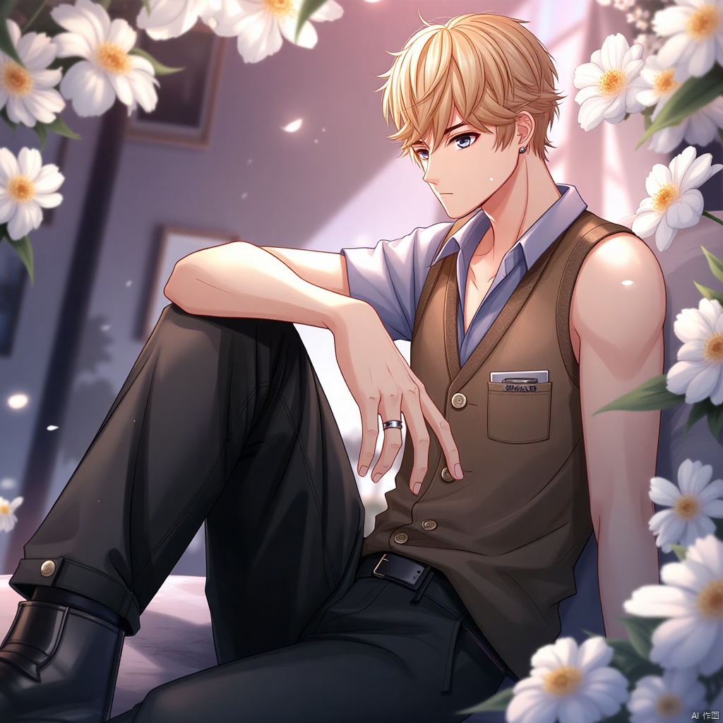 An anime-style illustration of Zhou Qiluo, a solo male subject, sitting with his knees up and looking directly at the viewer. He has short hair and is wearing a sleeveless shirt, black pants, and a vest over it. A white flower is placed in front of him. His eyes are focused on something outside of the frame, but his gaze is still intense and captivating. His black footwear is visible, as well as a ring on his hand. He has a breast pocket with a subtle bulge, hinting at a small object or item. The overall atmosphere is intimate and inviting, with a focus on the male subject's presence.