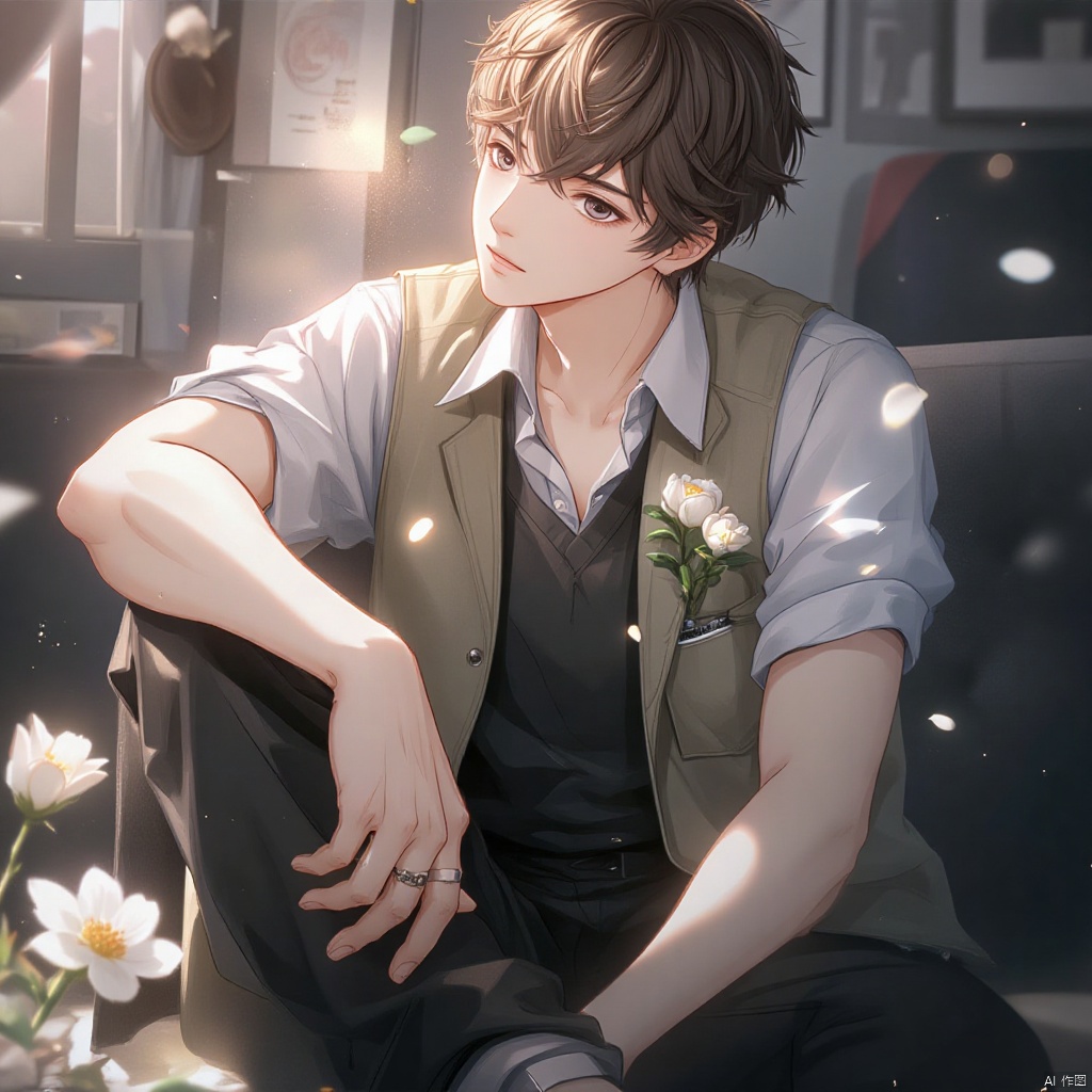 An anime-style illustration of Zhou Qiluo, a solo male subject, sitting with his knees up and looking directly at the viewer. He has short hair and is wearing a sleeveless shirt, black pants, and a vest over it. A white flower is placed in front of him. His eyes are focused on something outside of the frame, but his gaze is still intense and captivating. His black footwear is visible, as well as a ring on his hand. He has a breast pocket with a subtle bulge, hinting at a small object or item. The overall atmosphere is intimate and inviting, with a focus on the male subject's presence.