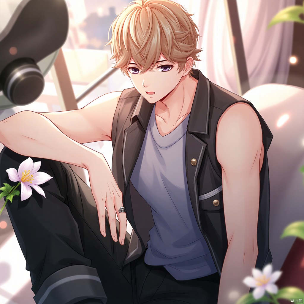 An anime-style illustration of Zhou Qiluo, a solo male subject, sitting with his knees up and looking directly at the viewer. He has short hair and is wearing a sleeveless shirt, black pants, and a vest over it. A white flower is placed in front of him. His eyes are focused on something outside of the frame, but his gaze is still intense and captivating. His black footwear is visible, as well as a ring on his hand. He has a breast pocket with a subtle bulge, hinting at a small object or item. The overall atmosphere is intimate and inviting, with a focus on the male subject's presence.