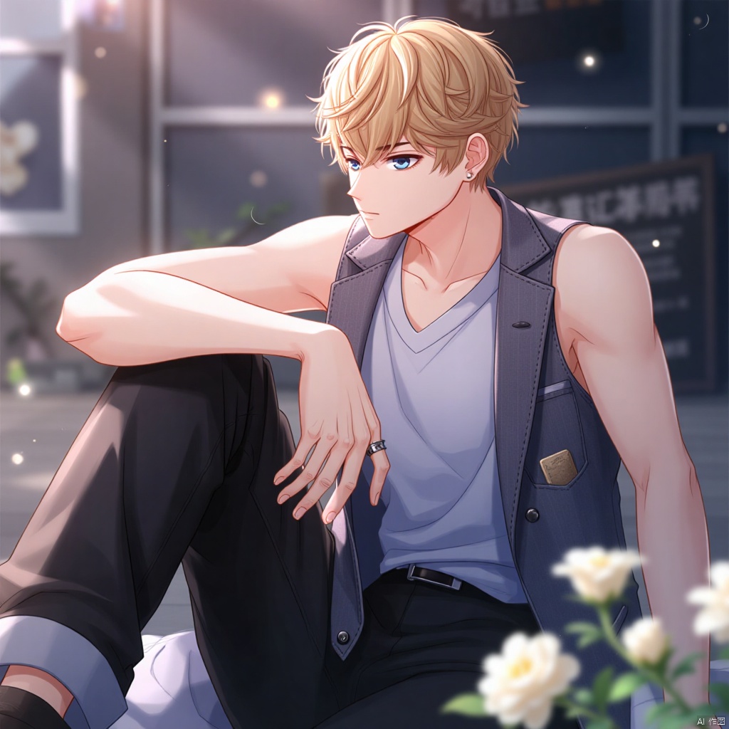 An anime-style illustration of Zhouqiluo, a solo male subject, sitting with his knees up and looking directly at the viewer. He has short hair and is wearing a sleeveless shirt, black pants, and a vest over it. A white flower is placed in front of him. His eyes are focused on something outside of the frame, but his gaze is still intense and captivating. His black footwear is visible, as well as a ring on his hand. He has a breast pocket with a subtle bulge, hinting at a small object or item. The overall atmosphere is intimate and inviting, with a focus on the male subject's presence.