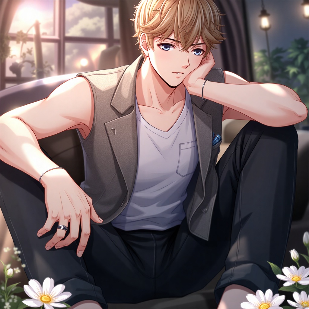 An anime-style illustration of Zhouqiluo, a solo male subject, sitting with his knees up and looking directly at the viewer. He has short hair and is wearing a sleeveless shirt, black pants, and a vest over it. A white flower is placed in front of him. His eyes are focused on something outside of the frame, but his gaze is still intense and captivating. His black footwear is visible, as well as a ring on his hand. He has a breast pocket with a subtle bulge, hinting at a small object or item. The overall atmosphere is intimate and inviting, with a focus on the male subject's presence.