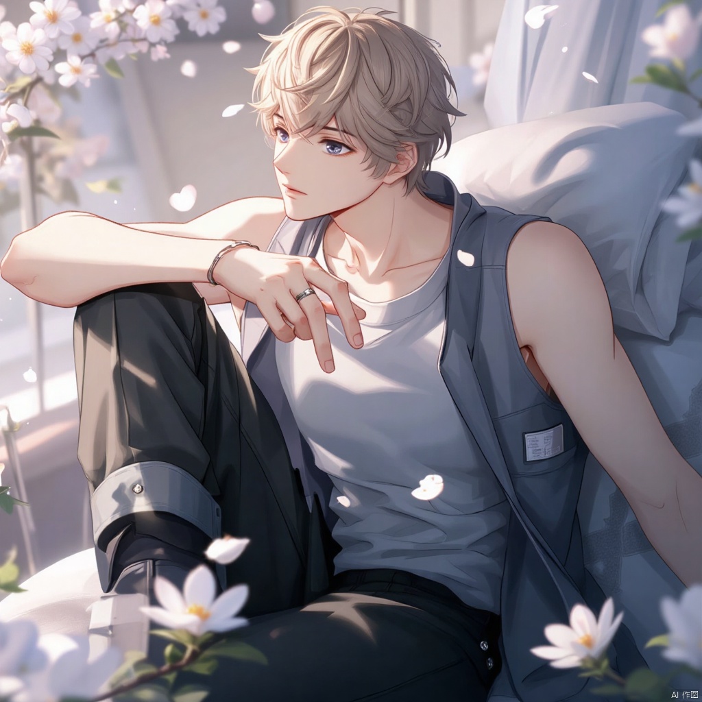 An anime-style illustration of Zhouqiluo, a solo male subject, sitting with his knees up and looking directly at the viewer. He has short hair and is wearing a sleeveless shirt, black pants, and a vest over it. A white flower is placed in front of him. His eyes are focused on something outside of the frame, but his gaze is still intense and captivating. His black footwear is visible, as well as a ring on his hand. He has a breast pocket with a subtle bulge, hinting at a small object or item. The overall atmosphere is intimate and inviting, with a focus on the male subject's presence.