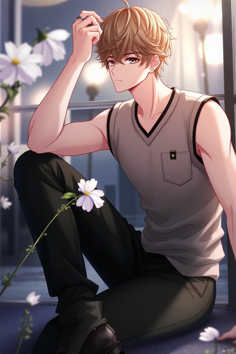 An anime-style illustration of Zhouqiluo, a solo male subject, sitting with his knees up and looking directly at the viewer. He has short hair and is wearing a sleeveless shirt, black pants, and a vest over it. A white flower is placed in front of him. His eyes are focused on something outside of the frame, but his gaze is still intense and captivating. His black footwear is visible, as well as a ring on his hand. He has a breast pocket with a subtle bulge, hinting at a small object or item. The overall atmosphere is intimate and inviting, with a focus on the male subject's presence.