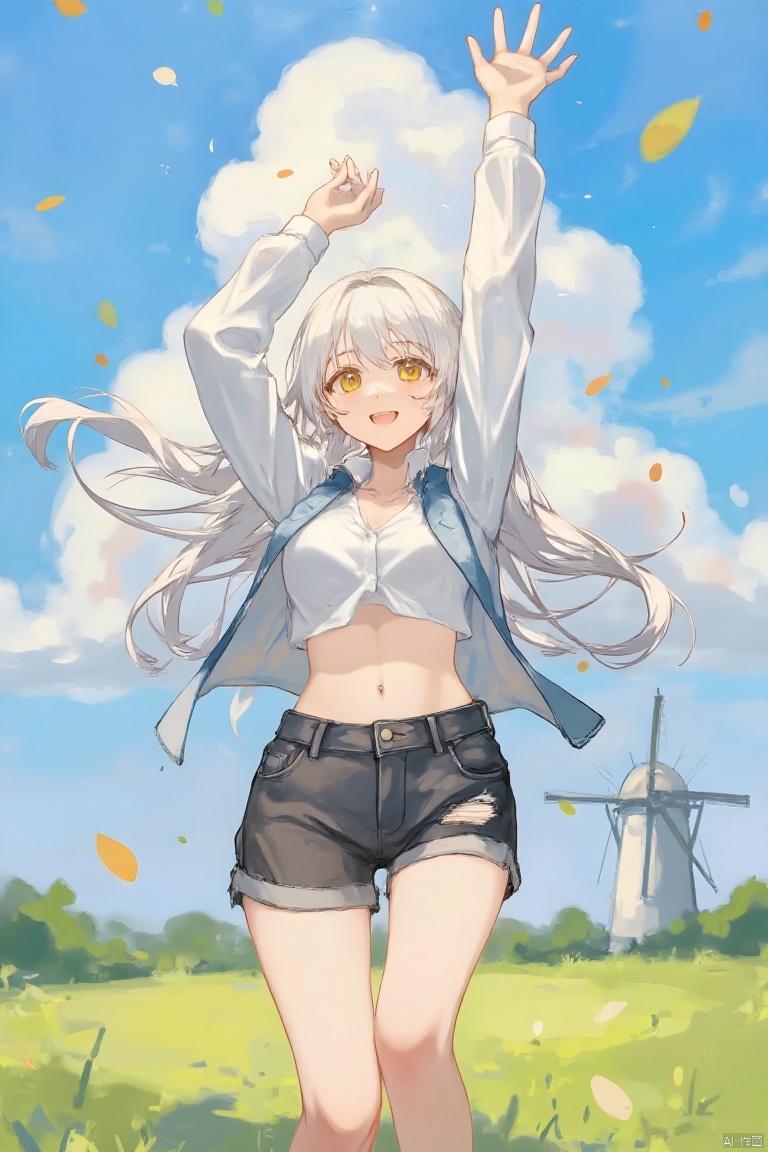 (masterpiece),(best quality),illustration,ultra detailed,hdr,Depth of field,(colorful),1girl,solo,outdoors,shorts,sky,long hair,cloud,navel,falling leaves,cutoffs,arms up,crop top,smile,grass,windmill,midriff,day,black shorts,long sleeves,floating hair,stomach,wind,blue sky,standing,open mouth,shirt,short shorts,denim,white hair,white shirt,yellow eyes,:d,torn shorts,feet out of frame,looking at viewer,denim shorts,leaf,thighs,TrNyteal