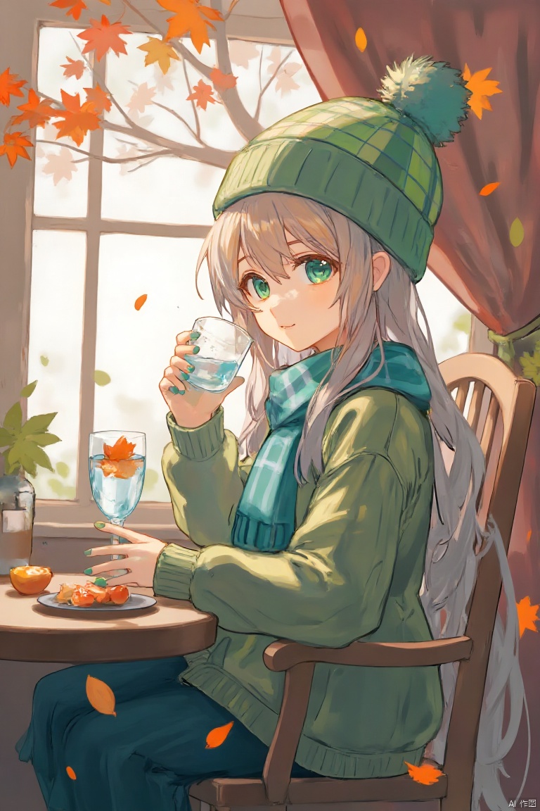 masterpiece,best quality,high quality,(colorful),loli,1girl,cup,solo,holding,looking at viewer,autumn,plaid headwear,holding cup,autumn leaves,green eyes,hat,nail polish,closed mouth,long sleeves,blush,fish,sweater,indoors,pom pom \(clothes\),plaid,looking back,sitting,green nails,drinking glass,green headwear,upper body,aqua nails,long hair,window,tree,food,grey hair,maple leaf,table,chair,day,blue nails,beanie,blonde hair,water,aqua eyes,plaid scarf,TrNyteal