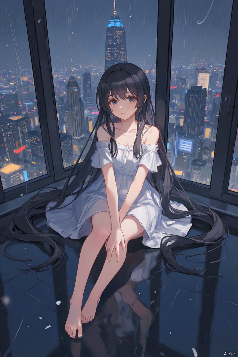 (masterpiece),(best quality),illustration,ultra detailed,hdr,Depth of field,(colorful),loli,1girl,long hair,solo,dress,very long hair,black hair,rain,sitting,reflection,white dress,cityscape,off shoulder,skyscraper,window,city,building,indoors,looking at viewer,bare shoulders,city lights,short sleeves,barefoot,reflective floor,off-shoulder dress,wariza,night,hand between legs,TrNyteal