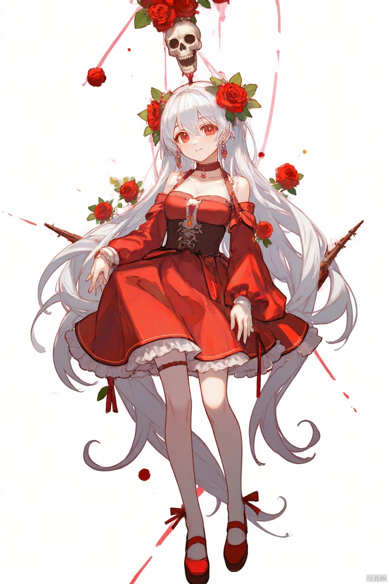 masterpiece,best quality,high quality,(colorful),[Artist miwano rag],[Artist chen bin],[Artist wlop],Artist Sheya,loli,1girl,red eyes,solo,flower,long hair,dress,red dress,red flower,white background,very long hair,hair ornament,full body,red footwear,rose,blood,white hair,skull,hair flower,red rose,bare shoulders,jewelry,smile,simple background,breasts,looking at viewer,pale skin,standing,thorns,long sleeves,earrings,detached sleeves,wide sleeves,low-tied long hair,wings,leg ribbon,off shoulder,bow,closed mouth,necklace,absurdly long hair,TrNyteal