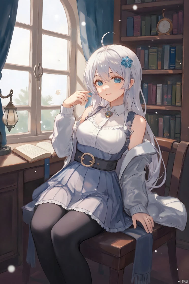 1girl,solo,blue eyes,white hair,(long hair),hair between eyes,medium breasts,white_shirt,frilled collar,pleated skirt,long sleeves,brooch,snowflake hair_ornament,waistcoat,black leggings,(open jacket),shoulder cutout,hair ribbon,sitting,looking at viewer,(jitome),half-closed eyes,[light_smile],depth of field,indoors,bookshelf,bookcase,counter,(french window),pendant lamp,open book,sunlight,light particles,masterpiece,bestquality,[Artist miwano rag],[Artist toosaka asagi],[Artist wlop],[Artist chen bin],[iumu],omochi_monaka,,TrNyteal