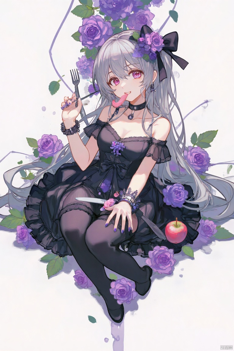 masterpiece,best quality,high quality,(colorful),loli,artist missile228, 1girl, flower, fruit, solo, dress, food, rose, fork, black dress, purple nails, long hair, tongue, tongue out, hair ornament, hair flower, looking at viewer, purple flower, gothic lolita, purple rose, knife, lolita fashion, apple, bracelet, sitting, breasts, nail polish, bare shoulders, planted, jewelry, grapes, eyepatch, grey hair, from above, wariza, black footwear, bow, off shoulder, pink eyes, hair bow, lace trim, purple eyes, off-shoulder dress, black flower, frills, cleavage, black bow,TrNyteal