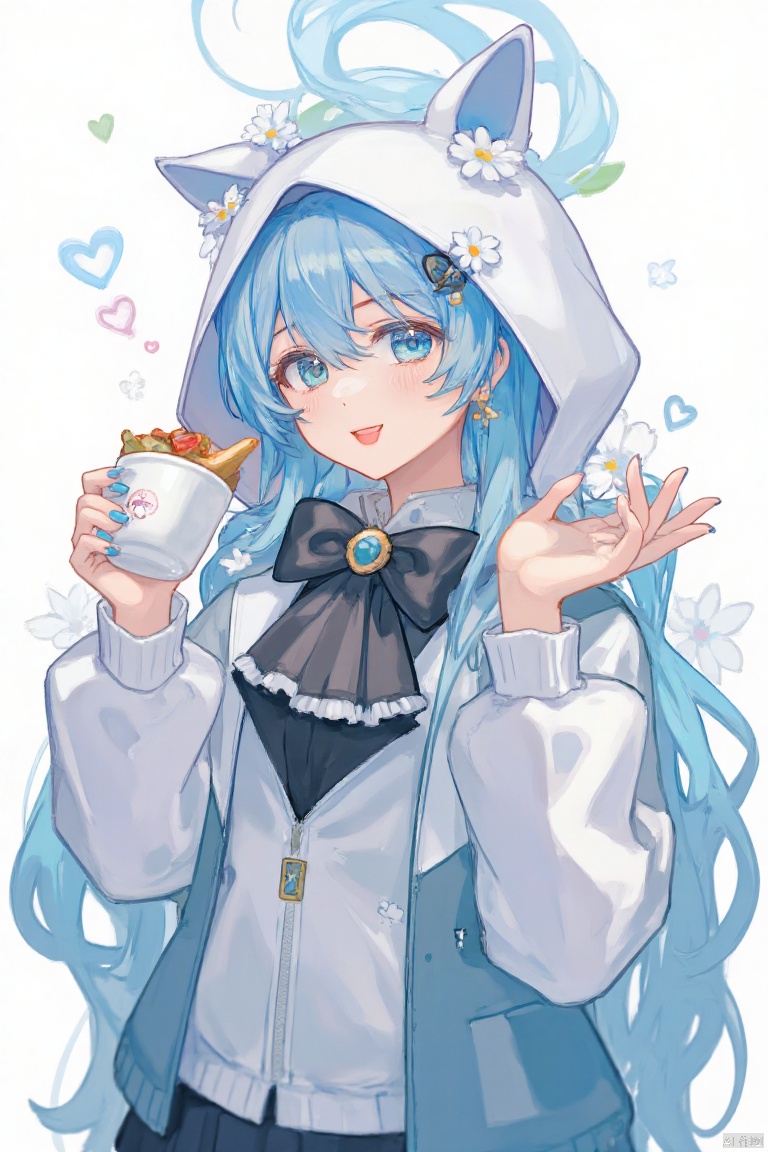 (masterpiece),(best quality),illustration,ultra detailed,hdr,Depth of field,(colorful),[Artist:wlop],[[Artist:sheya]],Artist:hiten_(hitenkei),1girl,solo,holding,tongue out,hood,animal hood,cup,hair ornament,tongue,hood up,holding cup,long sleeves,mug,long hair,flower,looking at viewer,black bow,white jacket,nail polish,bow,blush,upper body,food,closed mouth,wide sleeves,animal ears,smile,blue nails,hair between eyes,fake animal ears,:q,earrings,hands up,jacket,hooded jacket,heart,white flower,hair flower,jewelry,blue hair,cat hood,frills,,TrNyteal