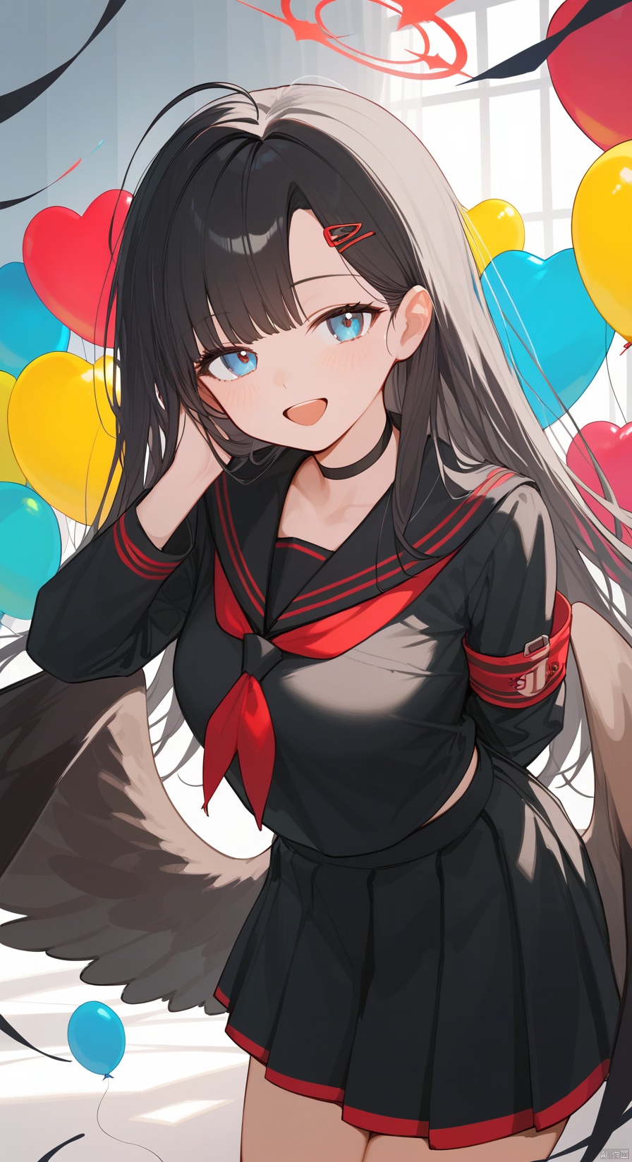 (score_9,score_8_up,score_7_up), (masterpiece),( beautiful),(high quality),(finely detailed),extremely detailed CG unity 8k wallpaper,best quality, 1girl, solo, long hair, looking at viewer, smile, open mouth, bangs, blue eyes, skirt, shirt, black hair, hair ornament, long sleeves, very long hair, school uniform, ahoge, :d, pleated skirt, wings, serafuku, choker, hairclip, black skirt, sailor collar, neckerchief, black shirt, leaning forward, black choker, halo, arms behind back, armband, feathered wings, red neckerchief, black wings, black sailor collar, black serafuku, low wings, midriff peek, balloon,ichikaBA