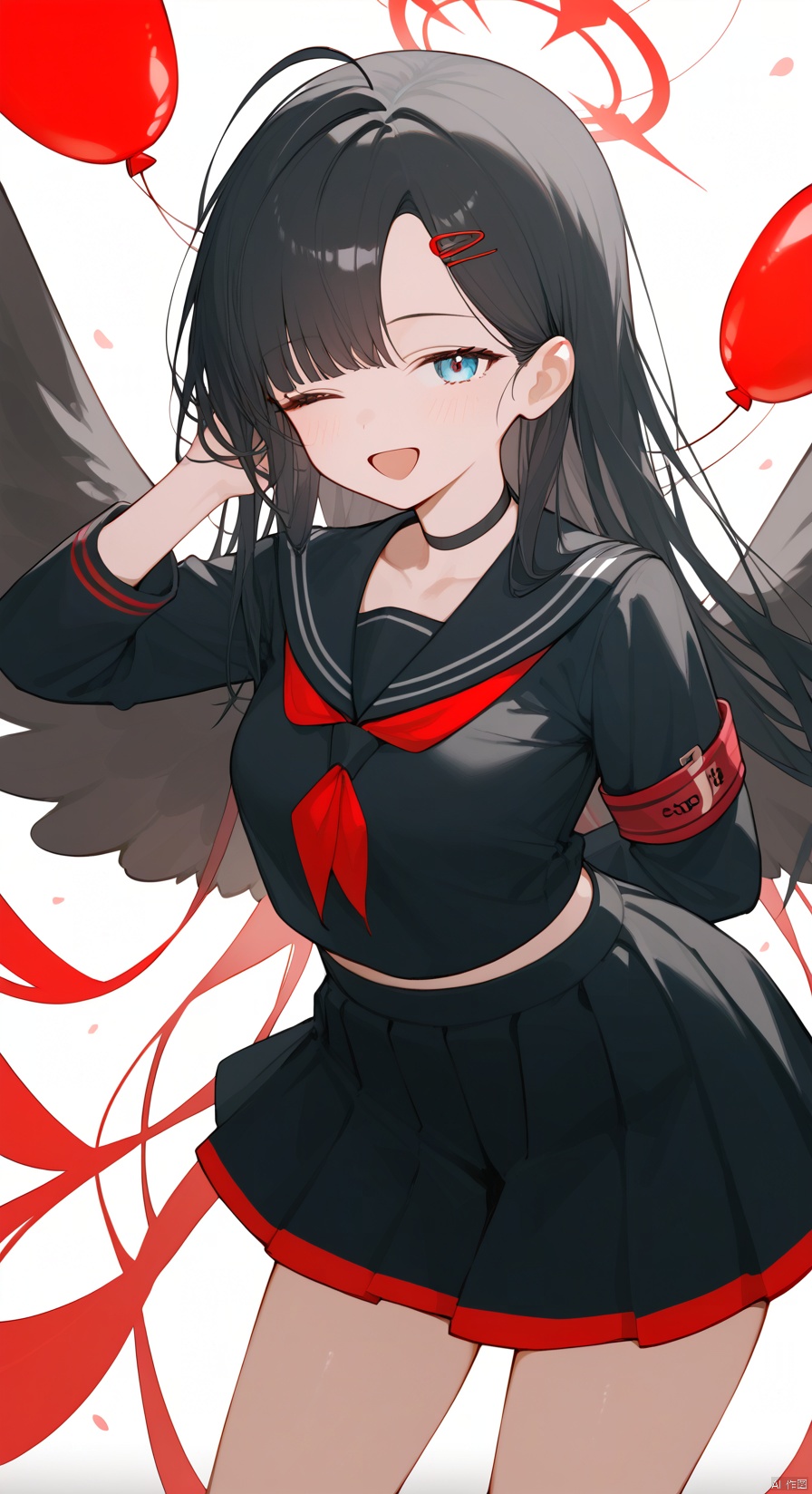 (score_9,score_8_up,score_7_up), (masterpiece),( beautiful),(high quality),(finely detailed),extremely detailed CG unity 8k wallpaper,best quality, 1girl, solo, long hair, looking at viewer, smile, open mouth, bangs, blue eyes, skirt, shirt, black hair, hair ornament, long sleeves, very long hair, school uniform, ahoge, :d, pleated skirt, wings, serafuku, choker, hairclip, black skirt, sailor collar, neckerchief, black shirt, leaning forward, black choker, halo, arms behind back, armband, feathered wings, red neckerchief, black wings, black sailor collar, black serafuku, low wings, midriff peek, balloon,ichikaBA