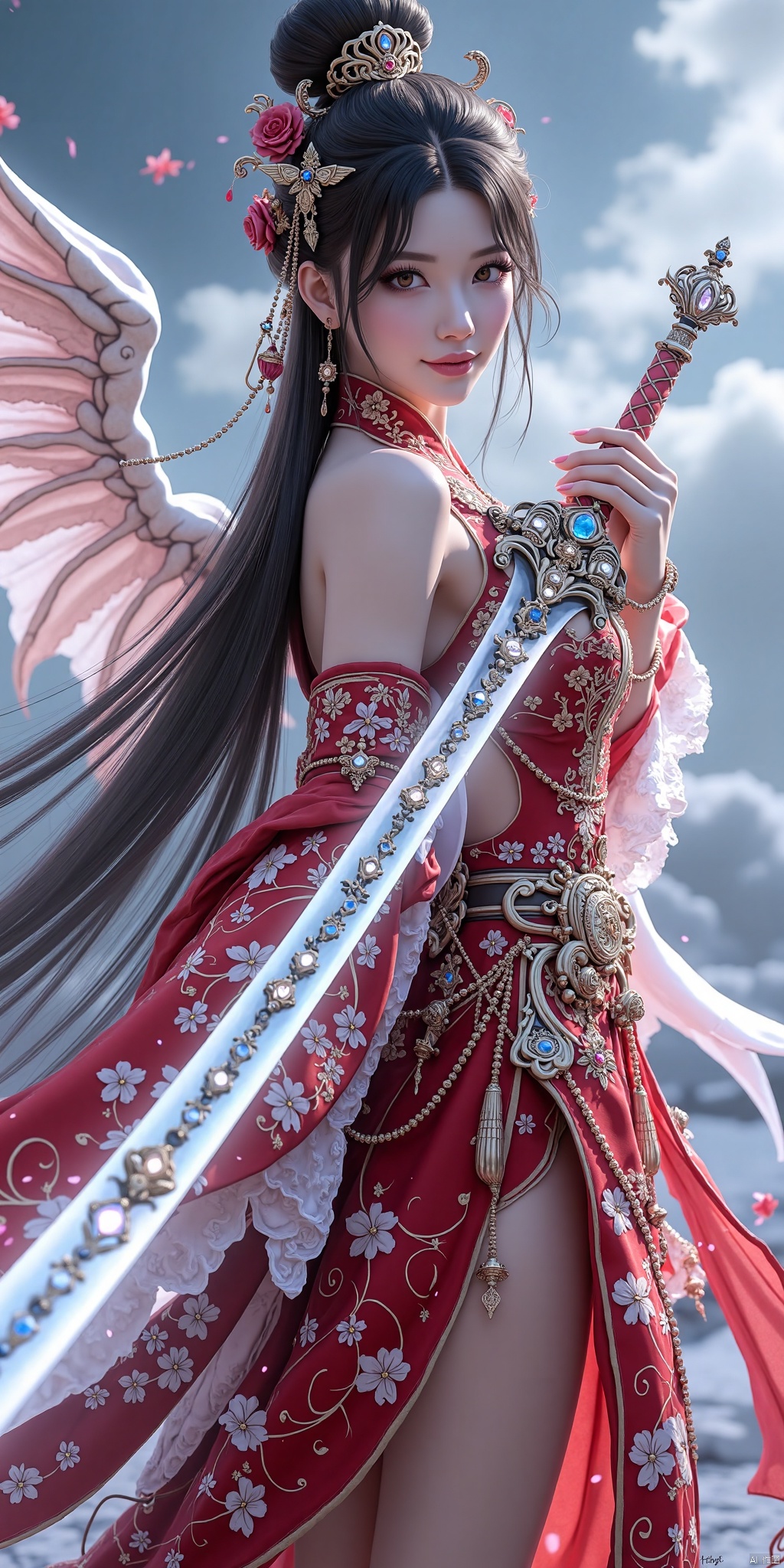 3Dstyle, ancient Chinese oriental style, ancient Chinese architecture, half-length shots,A woman with long hair, lots of jewelry, exaggerated breasts, exaggerated cleavage, wearing Han clothes and Lolita, holding a huge sword, delicate face, delicate hands, particle effects, magic effects, game effects, other side flowers. Wings, flying in the sky, cloudy