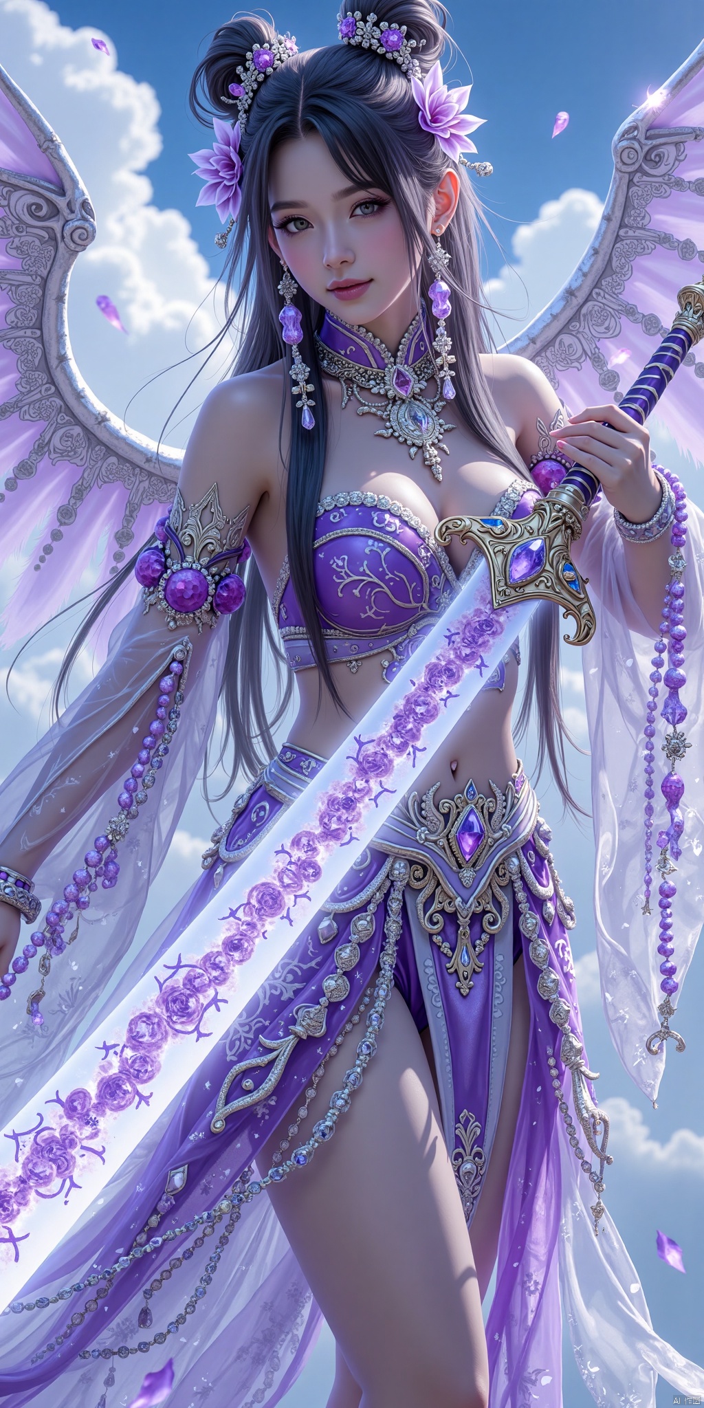 A woman with long hair, lots of jewelry, exaggerated breasts, exaggerated cleavage, wearing Han clothes and Lolita, holding a huge sword, delicate face, delicate hands, particle effects, magic effects, game effects, other side flowers. Wings, flying in the sky, cloudy