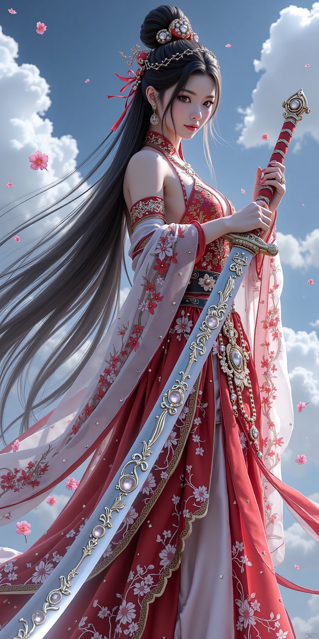 3Dstyle, ancient Chinese oriental style, ancient Chinese architecture, half-length shots,A woman with long hair, lots of jewelry, exaggerated breasts, exaggerated cleavage, wearing Han clothes and Lolita, holding a huge sword, delicate face, delicate hands, particle effects, magic effects, game effects, other side flowers, flying in the sky, cloudy，
