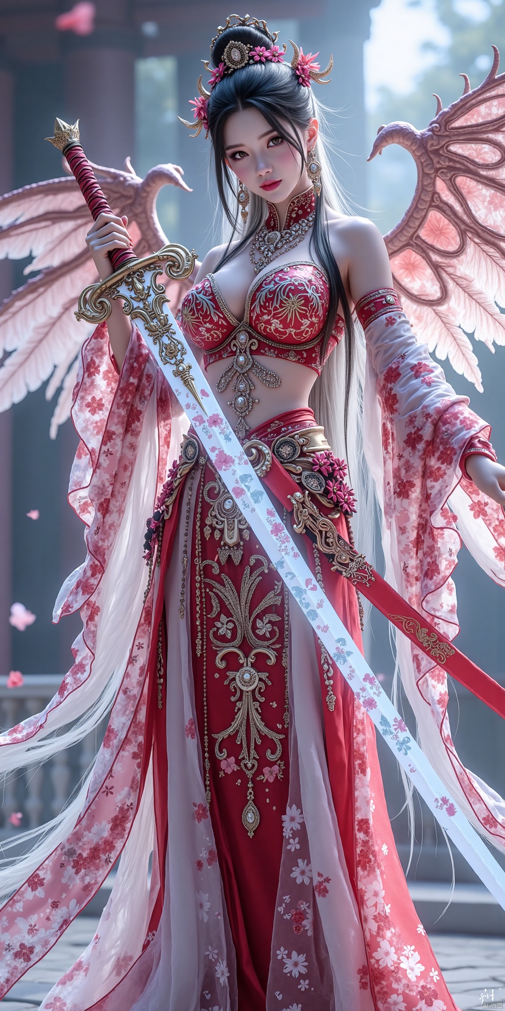 3Dstyle, ancient Chinese oriental style, ancient Chinese architecture, half-length shots,A woman with long hair, lots of jewelry, exaggerated breasts, exaggerated cleavage, wearing Han clothes and Lolita, holding a huge sword, delicate face, delicate hands, particle effects, magic effects, game effects, other side flowers. Wings, flying in the sky, cloudy