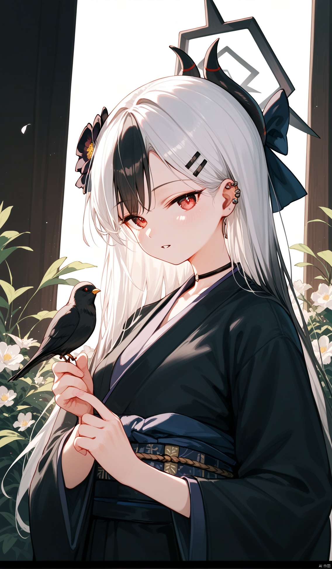 (score_9,score_8_up,score_7_up), (masterpiece),( beautiful),(high quality),(finely detailed),extremely detailed CG unity 8k wallpaper,best quality, 1girl, solo, long hair, looking at viewer, bangs, black hair, hair ornament, red eyes, long sleeves, holding, upper body, flower, white hair, multicolored hair, parted lips, japanese clothes, horns, choker, hairclip, hair flower, wide sleeves, kimono, bag, two-tone hair, official alternate costume, sash, bird, black choker, halo, obi, piercing, letterboxed, ear piercing, black kimono, earclip, kayoko \(blue archive\),kayokoBA