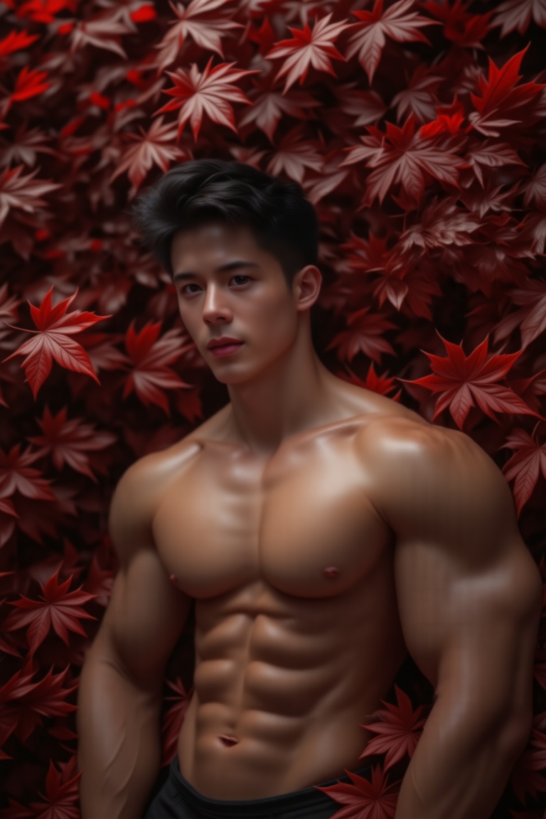 Photorealistic 8k RAW photo of a full-body muscular man with a handsome face and tan skin,  sporting short black hair and...