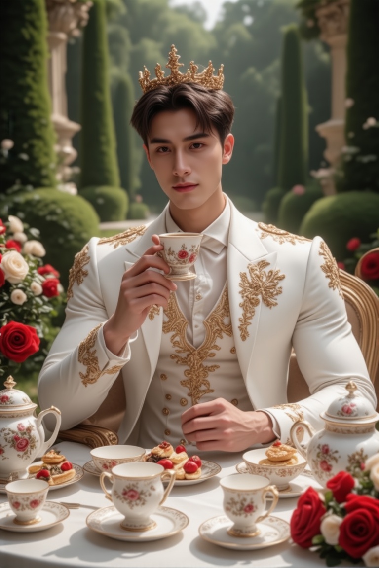 A fantasy scene set in a lush,  enchanted garden during a majestic royal tea time. The central figure is a stunning young...