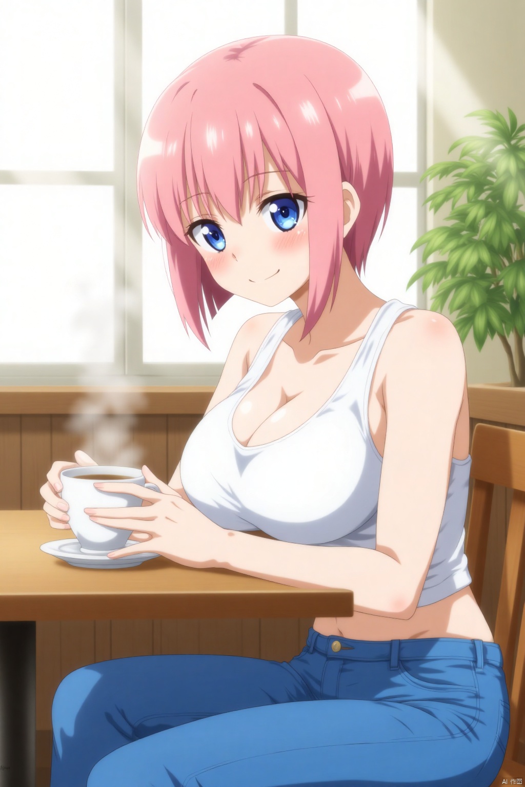 maanime,A vibrant young woman sits comfortably at a wooden table, her short pink locks framing her heart-shaped face. Her piercing blue eyes sparkle as she gazes into the cup of steaming hot coffee cradled in her hands. A white sleeveless top showcases her toned arms, while blue jeans create a relaxed contrast. The window behind her fills the space with soft natural light, and a lush green plant sits on the sill, adding a touch of serenity to the scene.