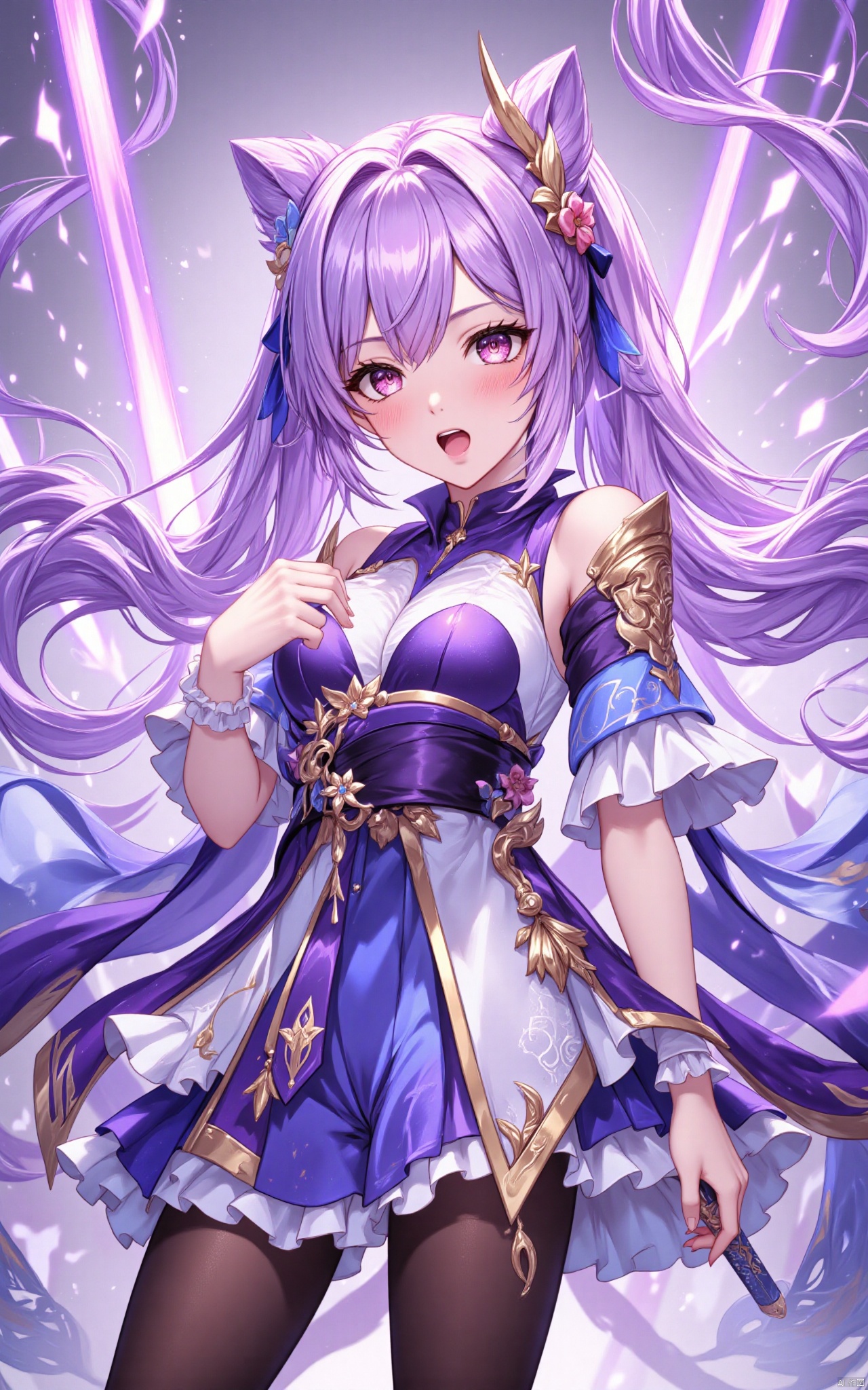 keqing\(hubggirl)\, Ultra clear, wallpaper, 8k, masterpiece, A majestic young warrior stands confidently, gazing directly at the viewer with an open mouth and a hint of determination. Her long, flowing purple hair is adorned with a hair ornament, cascading down her back in twin tails. A striking fringe frames her face, contrasting with her piercing purple eyes. She wears a frilled dress with short sleeves and black pantyhose, her hands grasping a sword. The overall framing is cinematic, with the subject positioned against a subtle gradient background to emphasize her bold, regal presence.