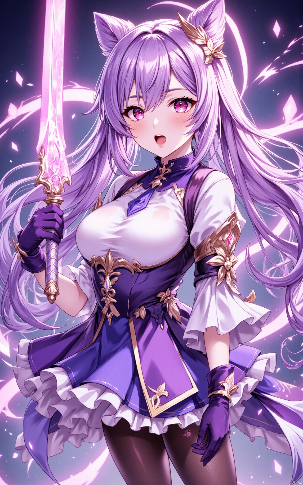 keqing\(hubggirl)\, 1girl, solo, long hair, looking at viewer, open mouth, bangs, skirt, hair ornament, gloves, dress, holding, twintails, purple eyes, weapon, purple hair, short sleeves, pantyhose, frills, sword, hair bun, holding weapon, black pantyhose, holding sword, frilled dress, frilled skirt, frilled sleeves, cone hair bun, purple gloves,