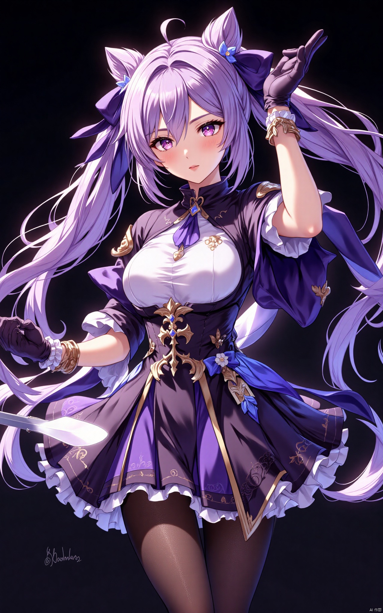 keqing\(hubggirl)\, An animated image of an anime girl with long purple hair. She is wearing a black and white dress with a black belt around her waist. She has a black bow in her hair. Her eyes are blue and her hair is styled in a ponytail. Her hair is long and cascades over her shoulders. She's wearing black gloves and a white bracelet on her left wrist. Her left hand is raised in the air. Her right hand is holding a sword in her right hand. The sword is white. The background is black.