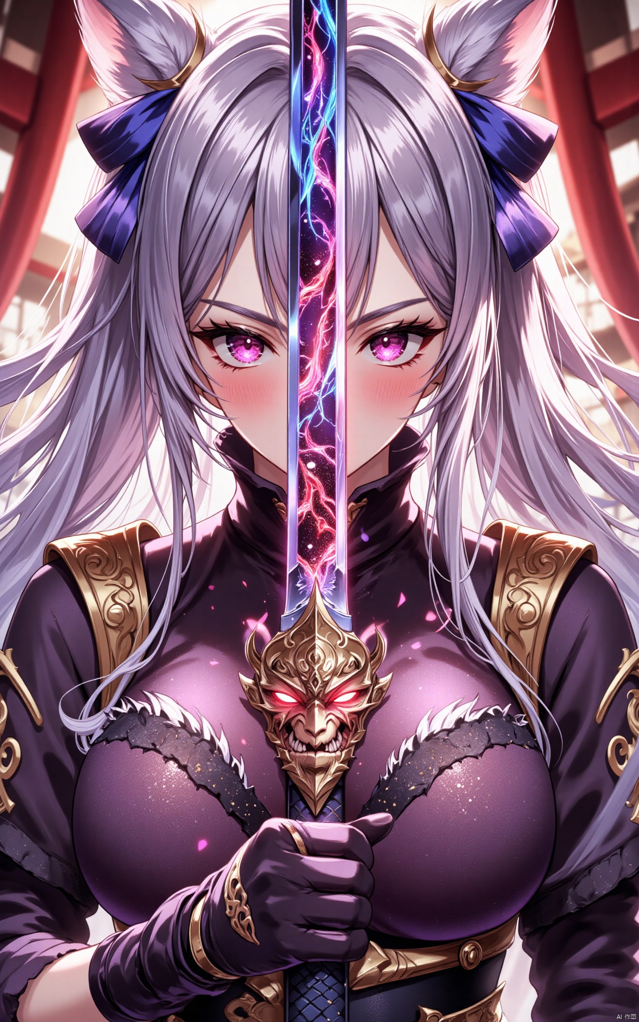 keqing\(hubggirl)\, full body shot:1.45,
masterpiece, ultimate detailed, tiny finnest details, Fierce japanese female warrior is holding a reflective shiny (katana:1.3) in front of her face, (an ancient mythical Japanese demon is reflected in the katana blade:1.45), anime style.