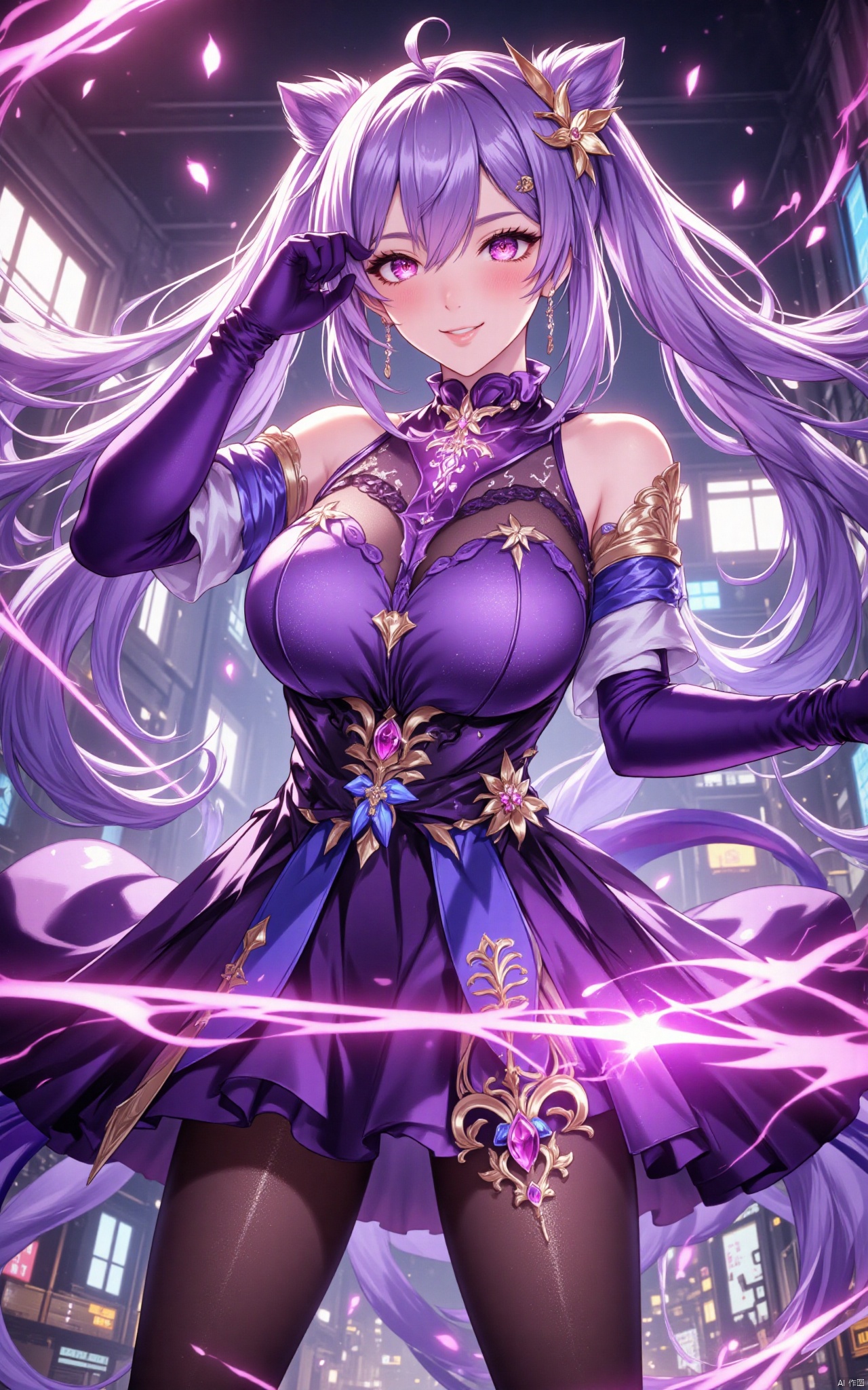 keqing\(hubggirl)\, full body shot:1.45, 21yo girl, solo, looking at viewer, indoors, (upper body, very long legs, narrow waist, grin:1.25), (wide shot, wide angle, from below, cow shot), (purple hair, bangs, cone hair bun, double bun, hair flower, hair ornament, twintails, purple_eyes:1.25), bare shoulders, large breasts, purple dress, detached_sleeves, purple gloves, short sleeves, (black pantyhose, purple high_heels), jewelry, earrings, HDR, Vibrant colors, surreal photography, highly detailed, masterpiece, ultra high res, high contrast, mysterious, cinematic, fantasy, bright natural light,