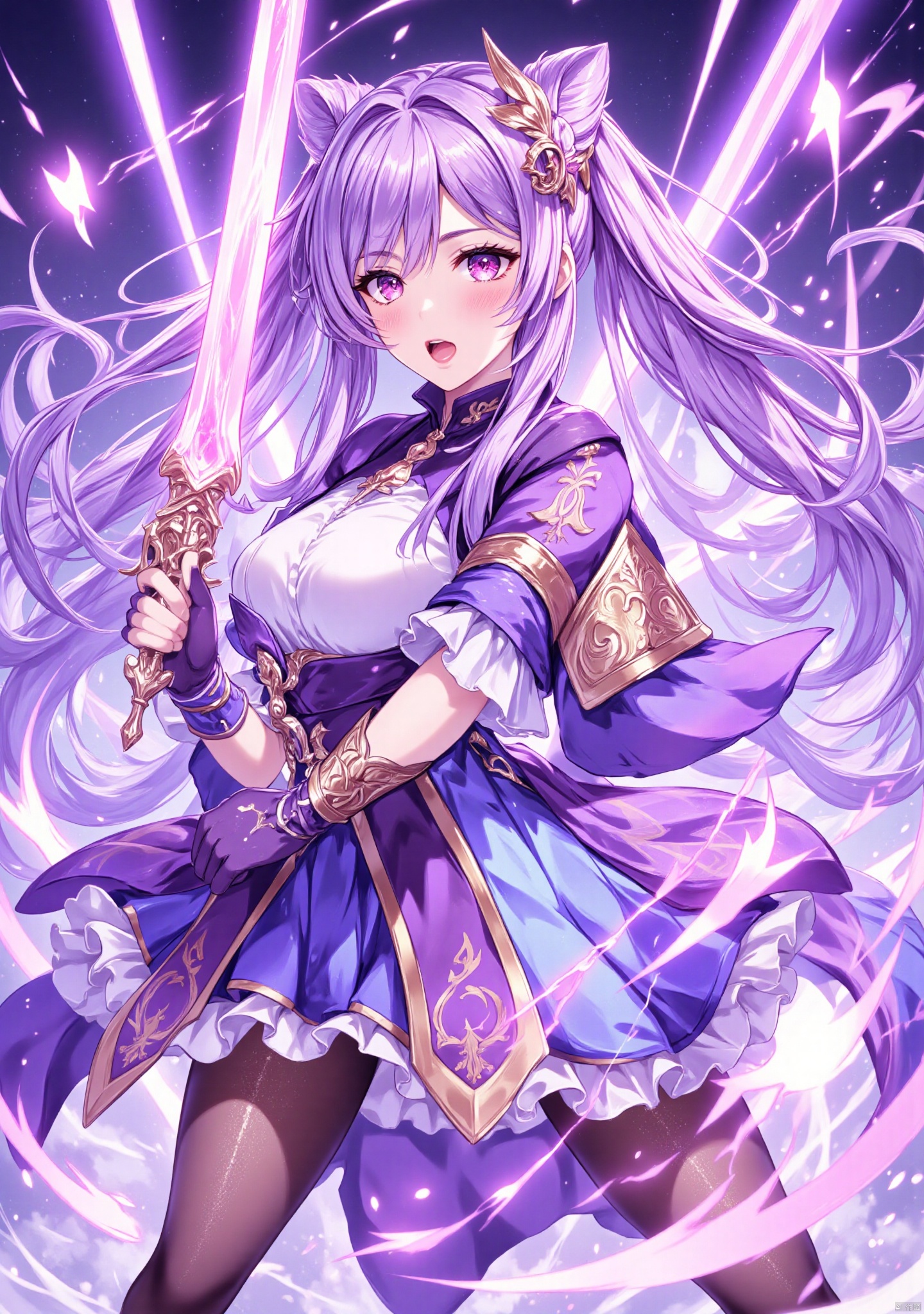 keqing\(hubggirl)\, 1girl, solo, long hair, looking at viewer, open mouth, bangs, skirt, hair ornament, gloves, dress, holding, twintails, purple eyes, weapon, purple hair, short sleeves, pantyhose, frills, sword, hair bun, holding weapon, black pantyhose, holding sword, frilled dress, frilled skirt, frilled sleeves, cone hair bun, purple gloves, 