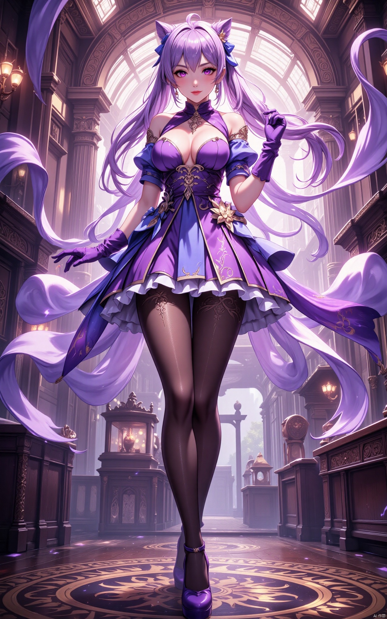 keqing\(hubggirl)\, full body shot:1.45, 21yo girl, solo, looking at viewer, indoors, (upper body, very long legs, narrow waist, grin:1.25), (wide shot, wide angle, from below, cow shot), (purple hair, bangs, cone hair bun, double bun, hair flower, hair ornament, twintails, purple_eyes:1.25), bare shoulders, large breasts, purple dress, detached_sleeves, purple gloves, short sleeves, (black pantyhose, purple high_heels), jewelry, earrings, HDR, Vibrant colors, surreal photography, highly detailed, masterpiece, ultra high res, high contrast, mysterious, cinematic, fantasy, bright natural light,