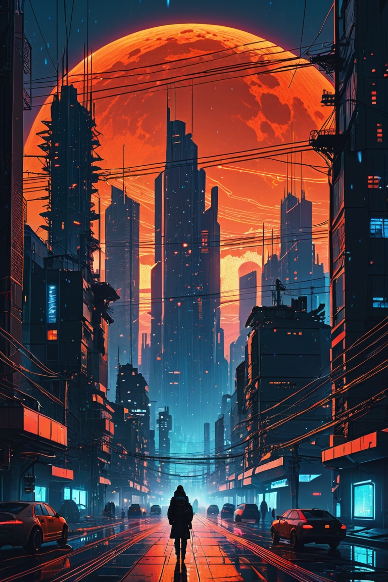 Cyberpunk cityscape,  futuristic metropolis,  massive red sun on Tensor.Art