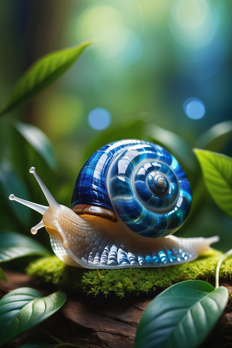 highly detailed image of a snail crafted entirely from blue gemstones. The snail's shell should be intricately designed,...