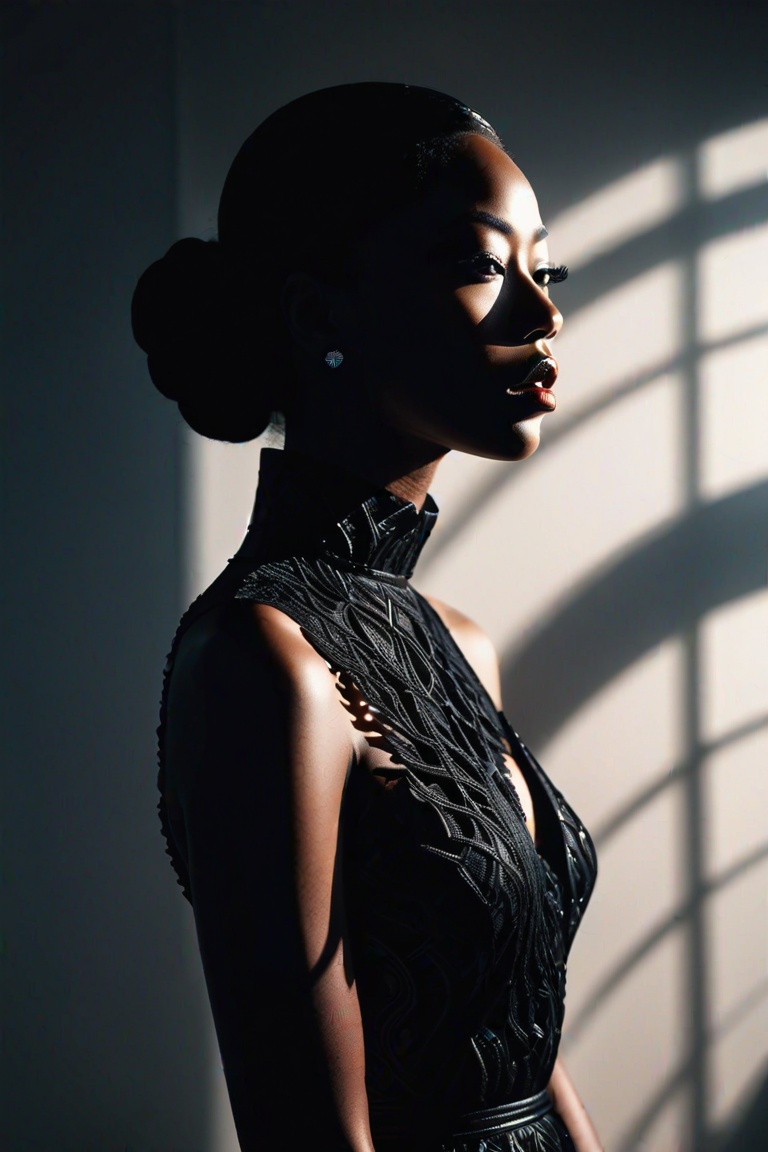 fashion photoshoot,  a mesmerizing blend of shadows,  silhouette portrait of a transcendental American Soamoan woman. dark...