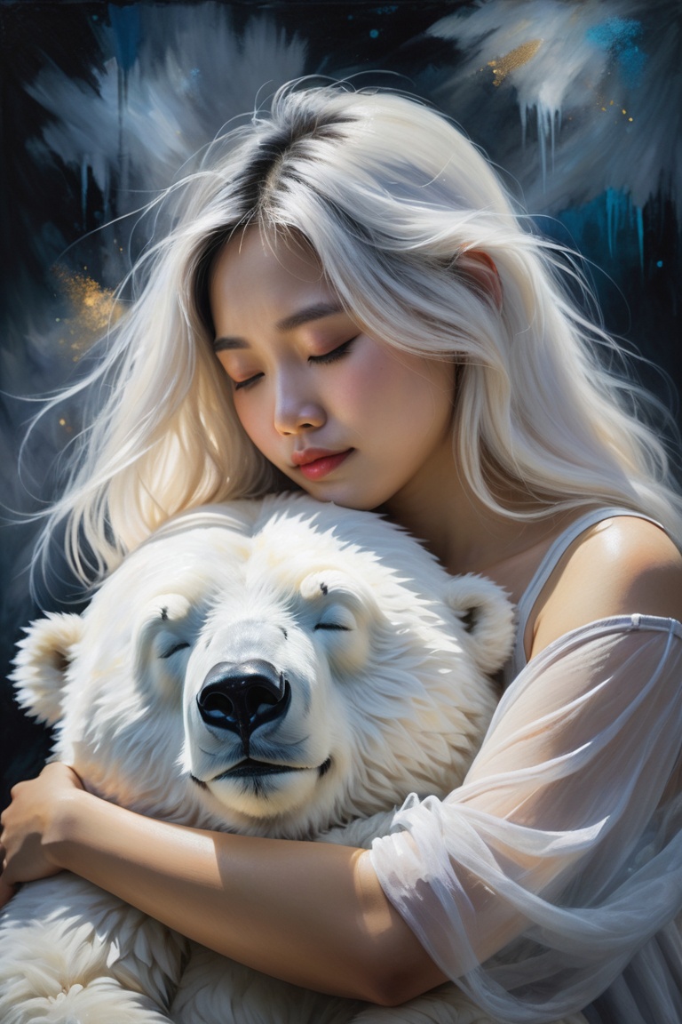 Impressionist painting,  closeup of a young asian woman with white long hair hugging her huge fluffy white ice bear,  clos...