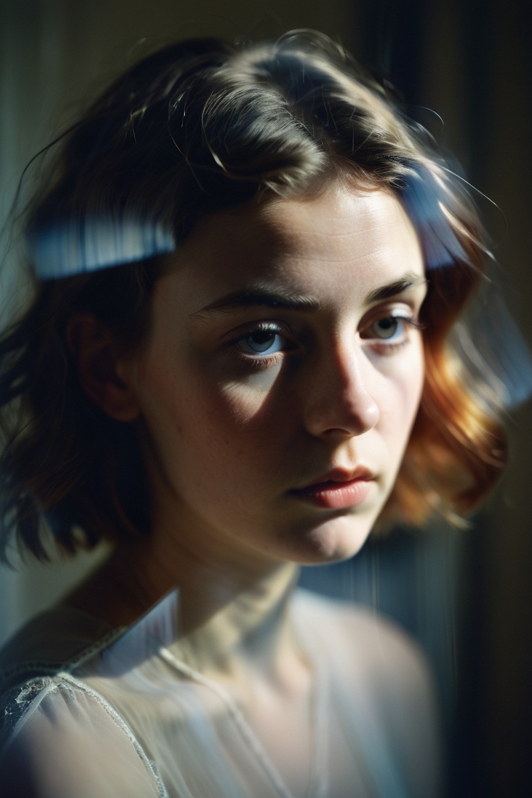 blurred portrait of a young caucasian woman with ethereal lighting,  double exposure effect,  melancholy expression on Ten...