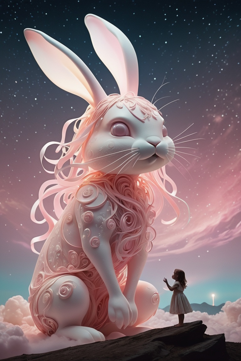 Bosstyle,  Silhouette of a Cute Girl interacting with a giant ethereal Bunny Monster Boss resembling a gentle,  celestial...