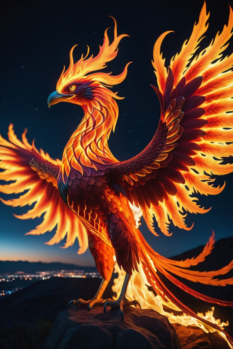 a photo of a flaming phoenix in the night over a night landscape,  photorealistic,  hd on Tensor.Art