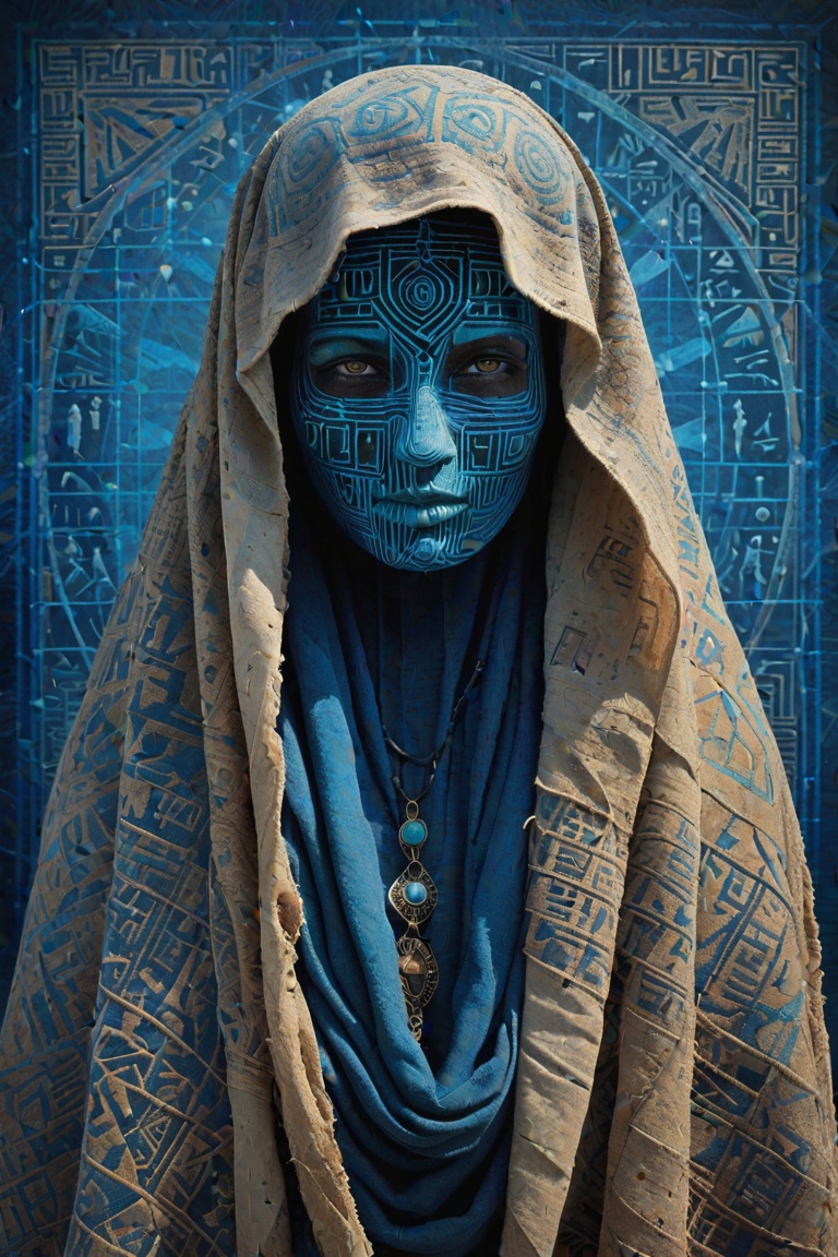 an ancient,  cloaked female figure with piercing eyes,  face covered in dust and dirt on Tensor.Art